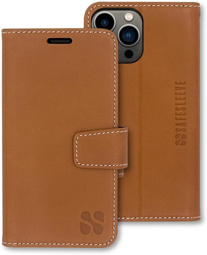 Brown leather phone case with a magnetic clasp and camera cutout.