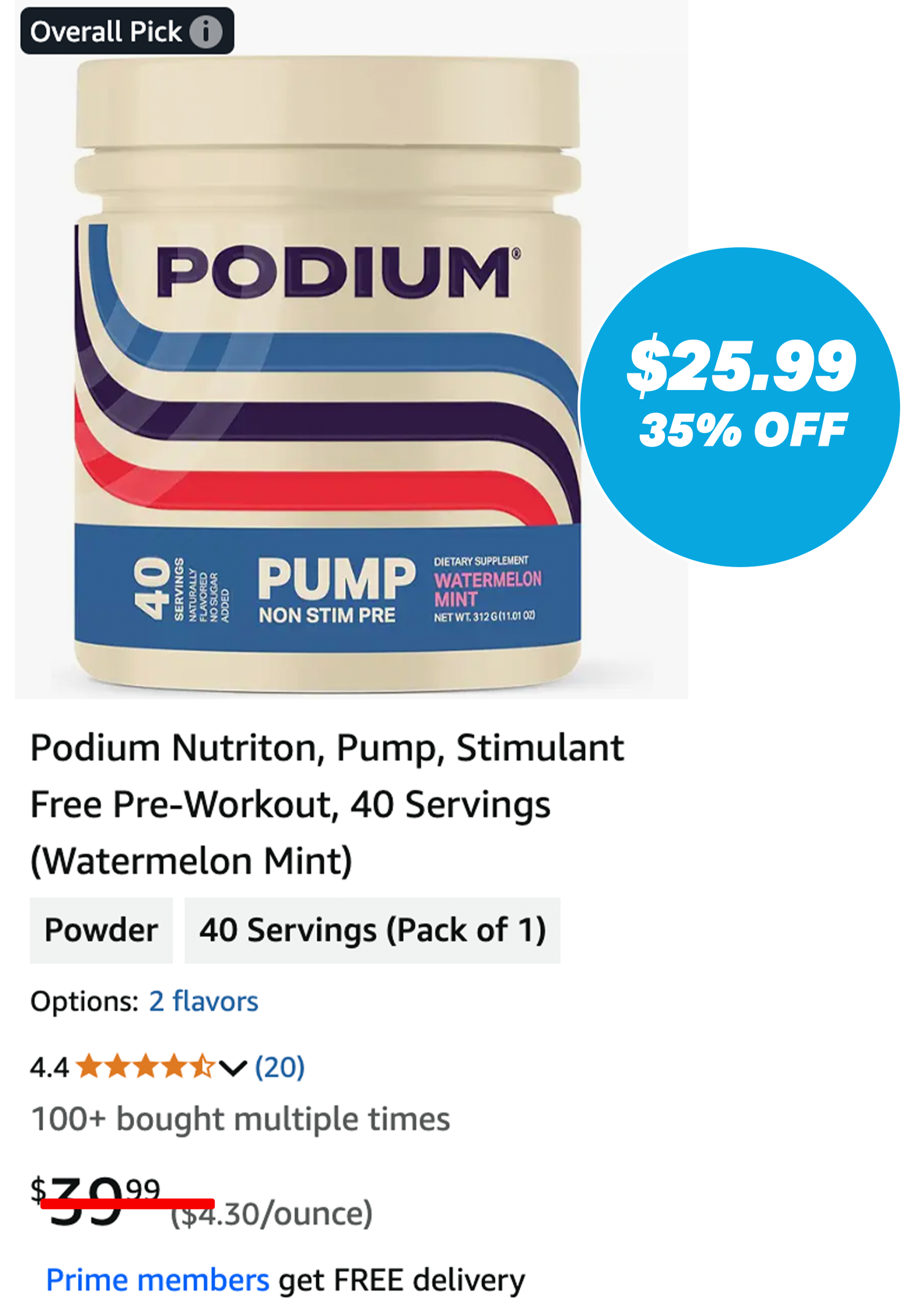 Podium pre-workout supplement container with price and discount details.