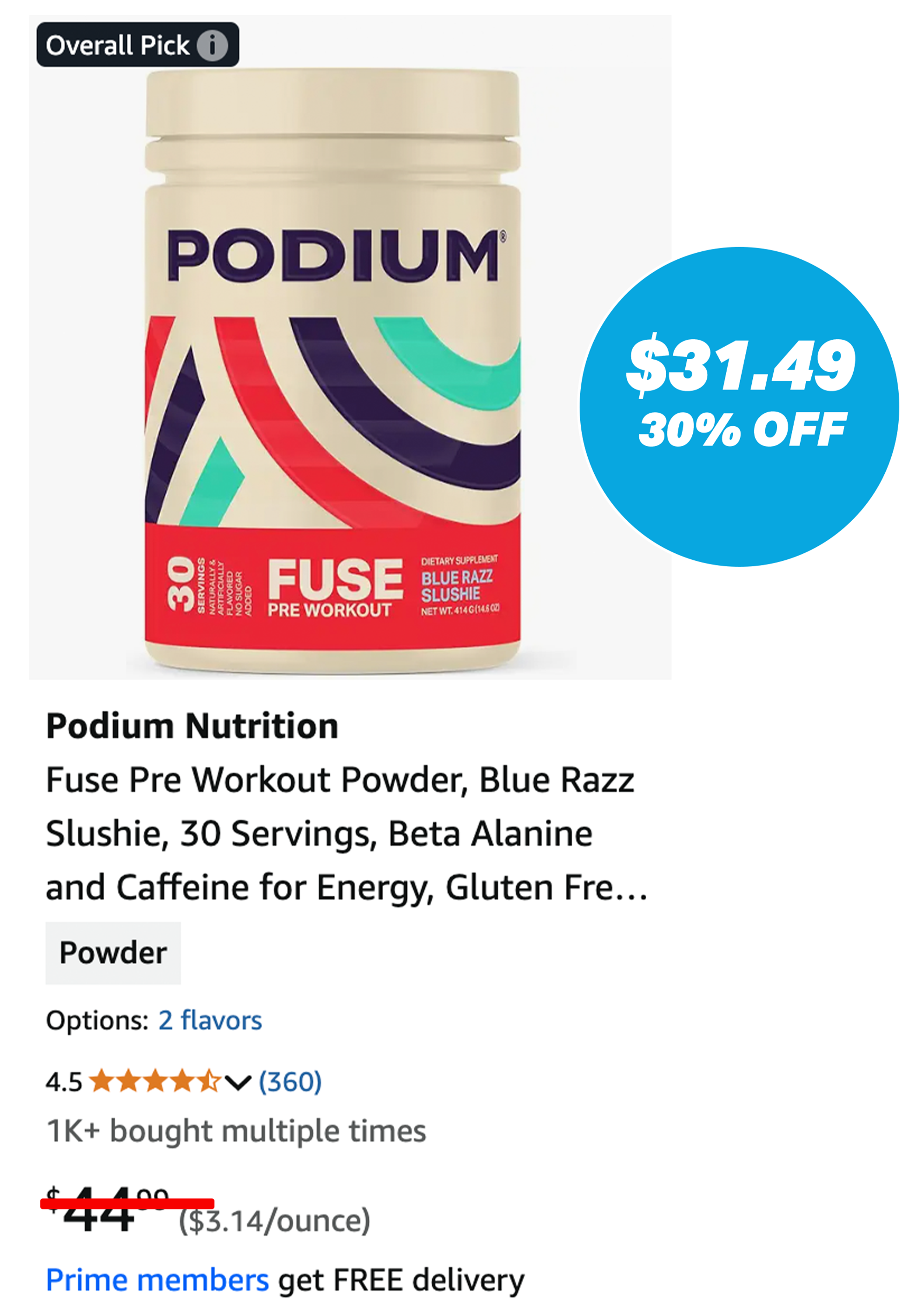 Podium Nutrition pre-workout powder with discount price and product details.