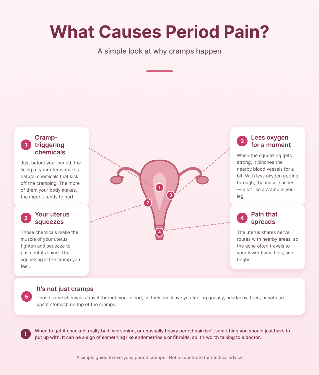 An infographic explaining what causes period pain, with a diagram of a uterus and numbered text boxes.