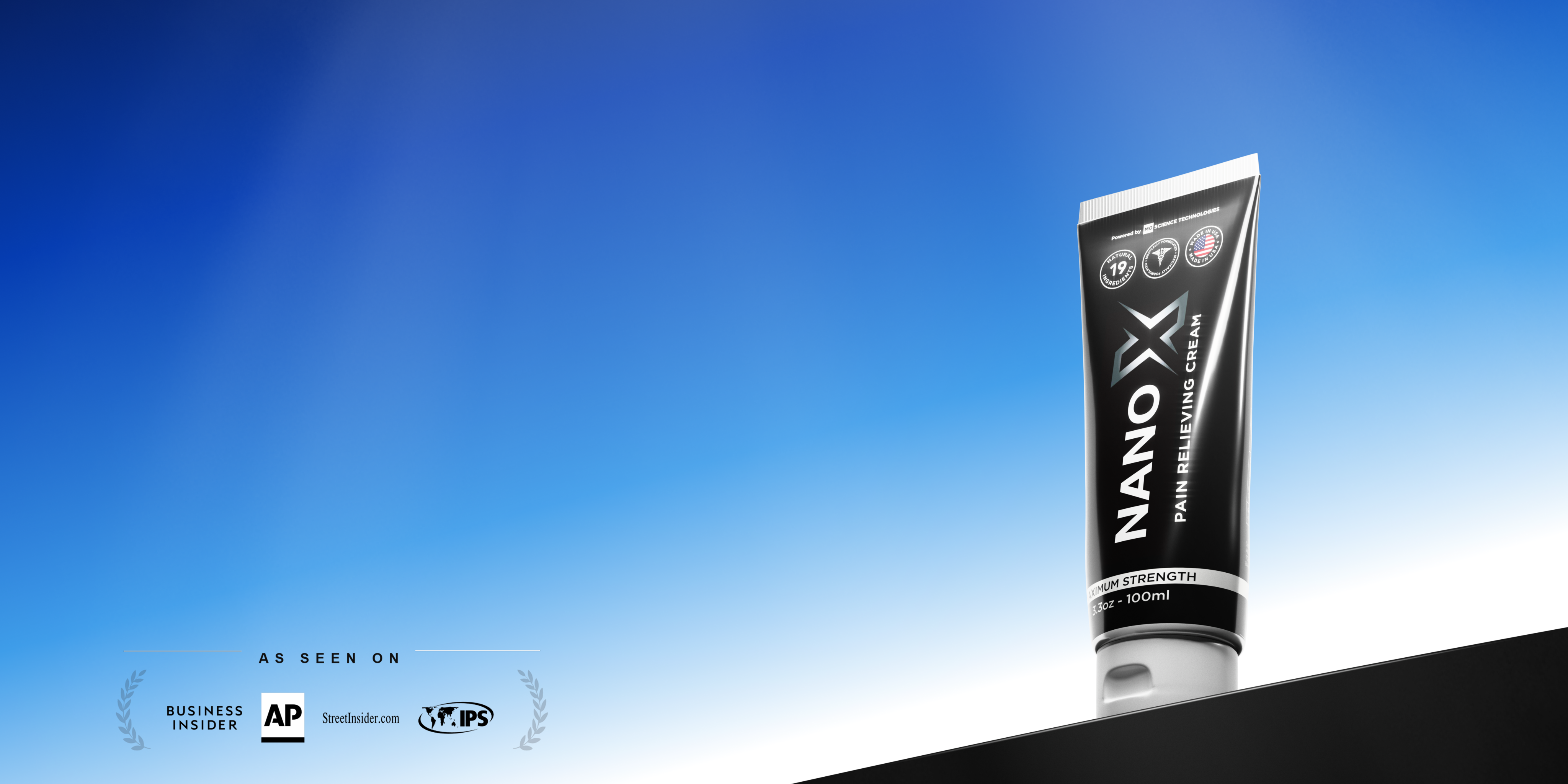 A black tube of Nano X Pain Relieving Cream sits against a blue gradient background.