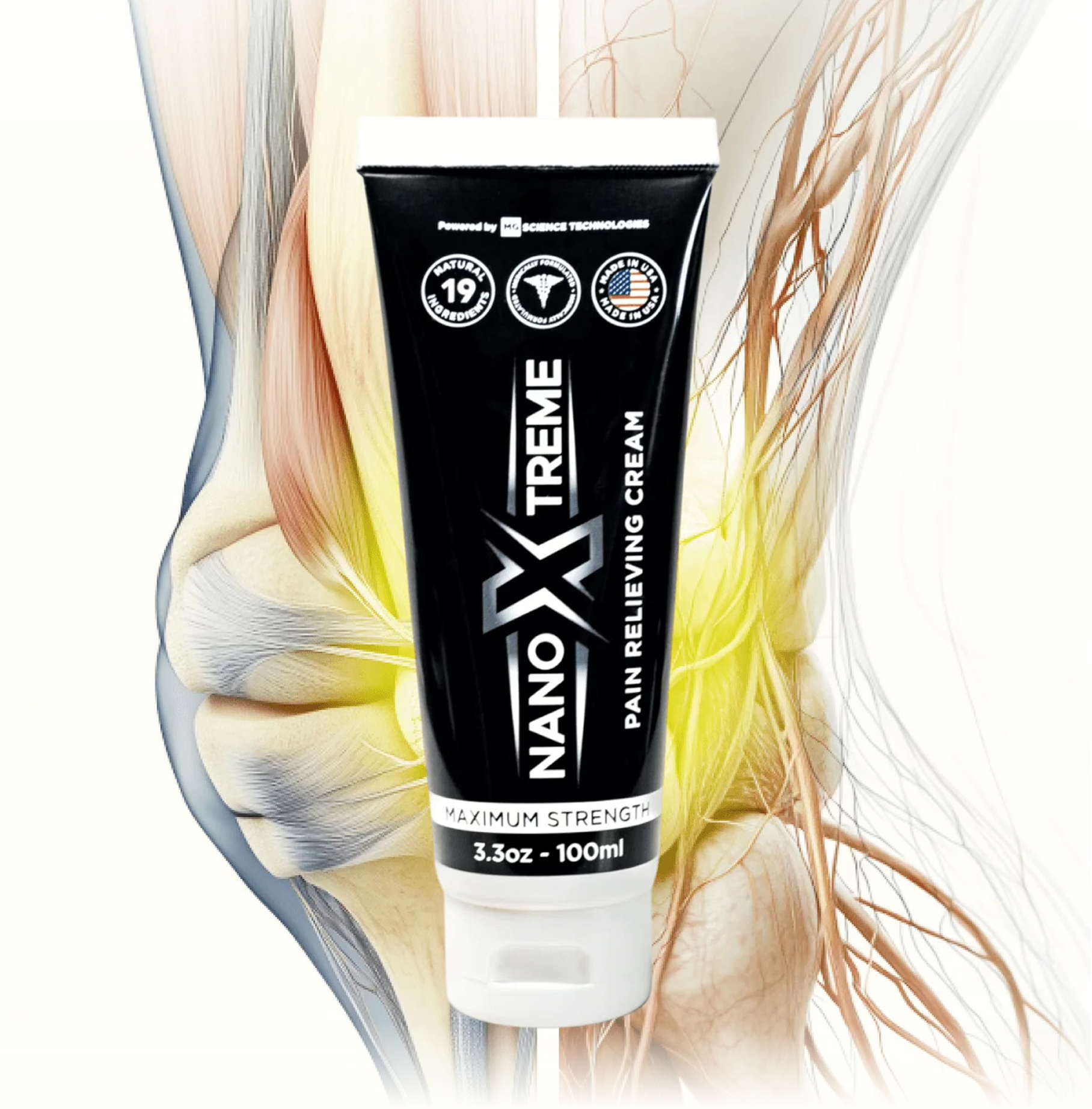 A tube of Nano Xtreme Pain Relieving Cream over an anatomical illustration of a human knee joint.
