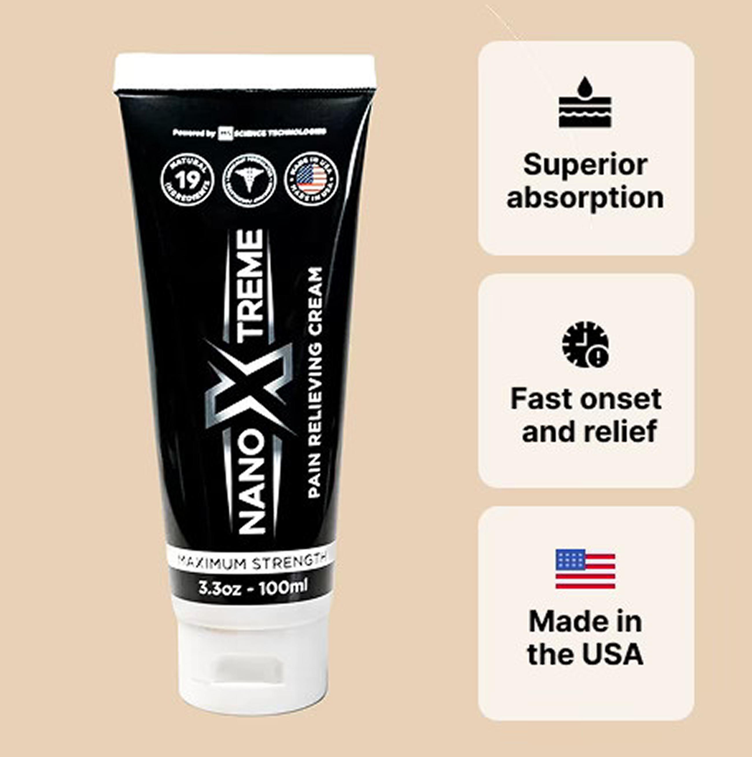 A tube of Nano Xtreme Pain Relieving Cream with icons highlighting superior absorption, fast relief, and being made in the USA.