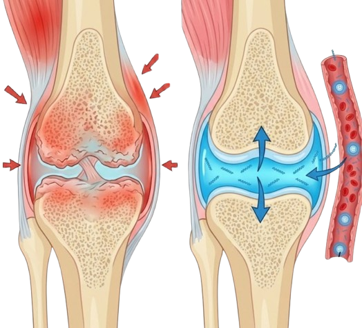 Illustration of knee joint inflammation and healthy knee joint side by side.