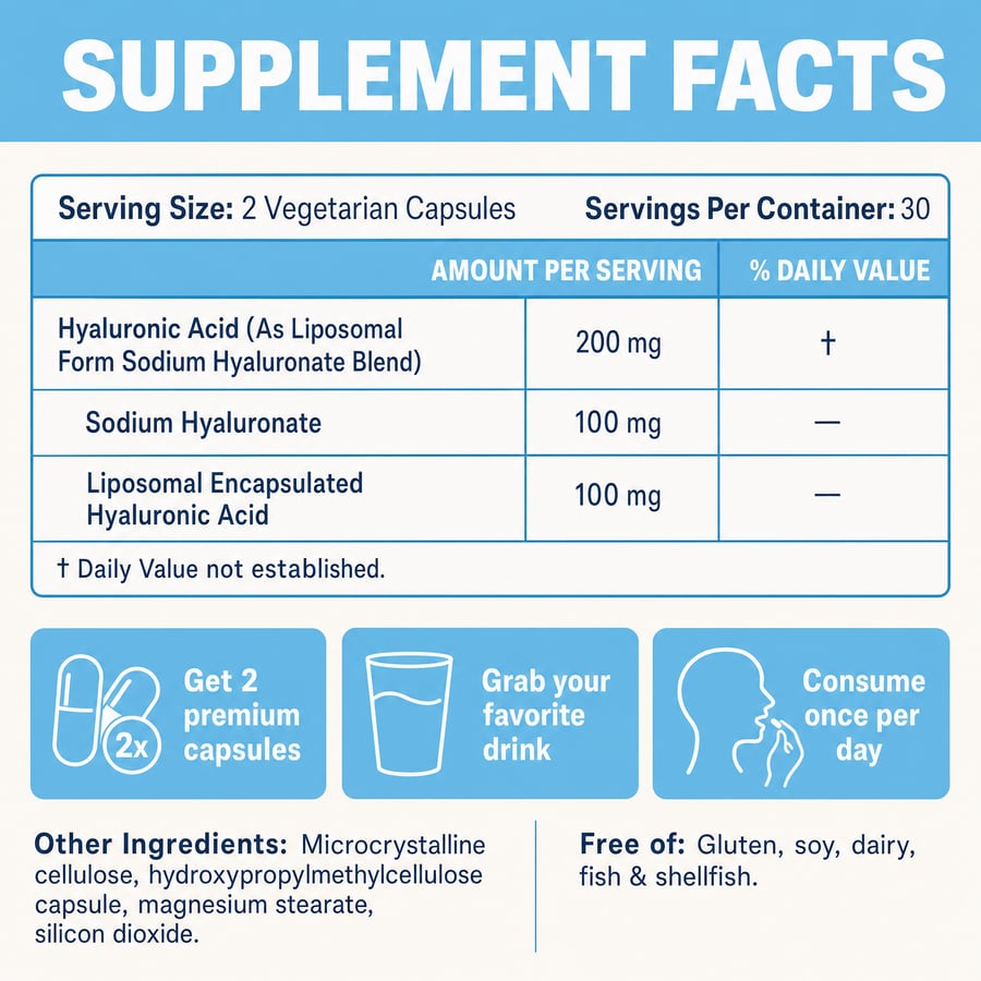 VitalHydra Supplement Facts panel: 200mg hyaluronic acid per 2-capsule serving