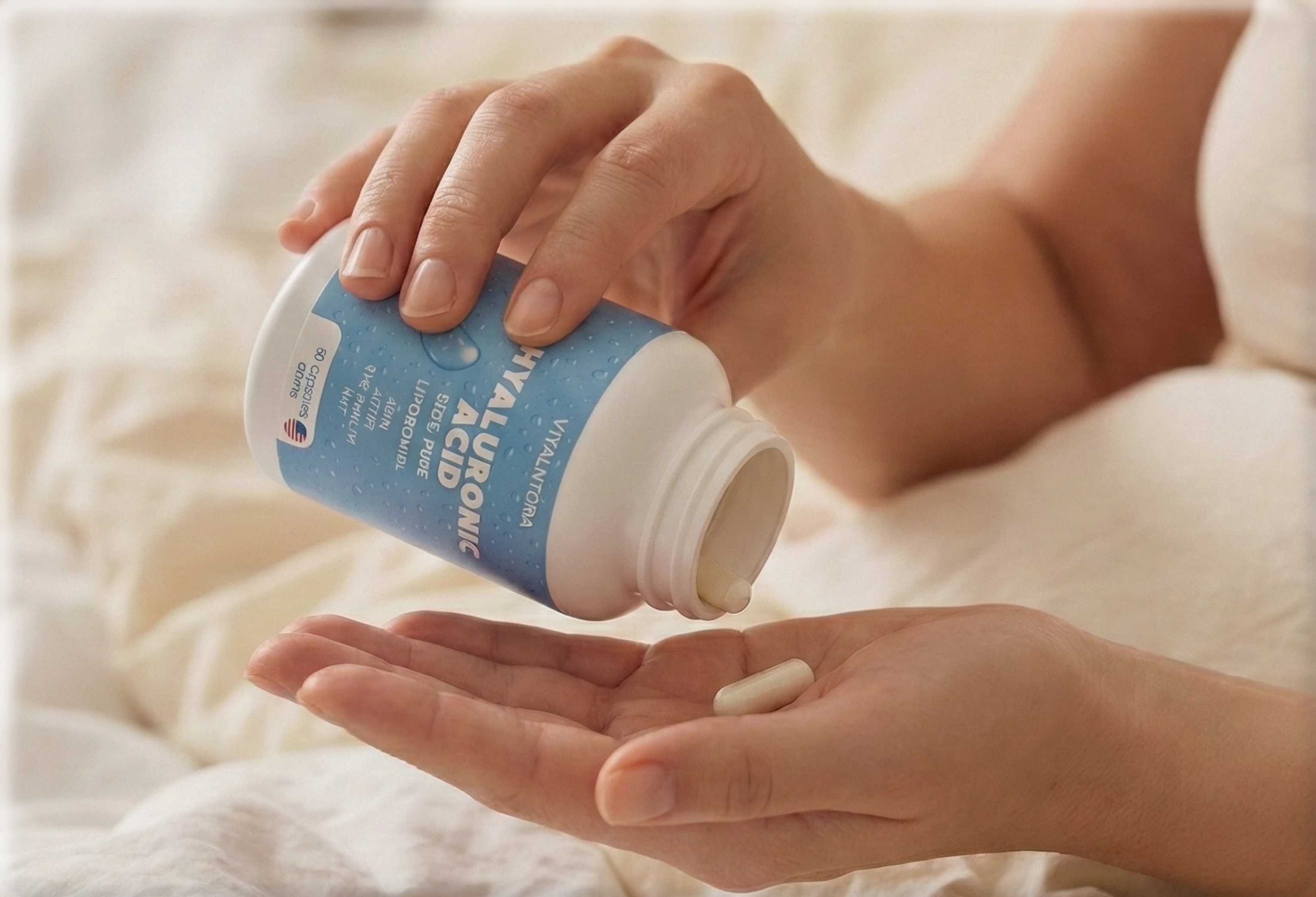 A person pours a white capsule from a bottle labeled Hyaluronic Acid into their hand.
