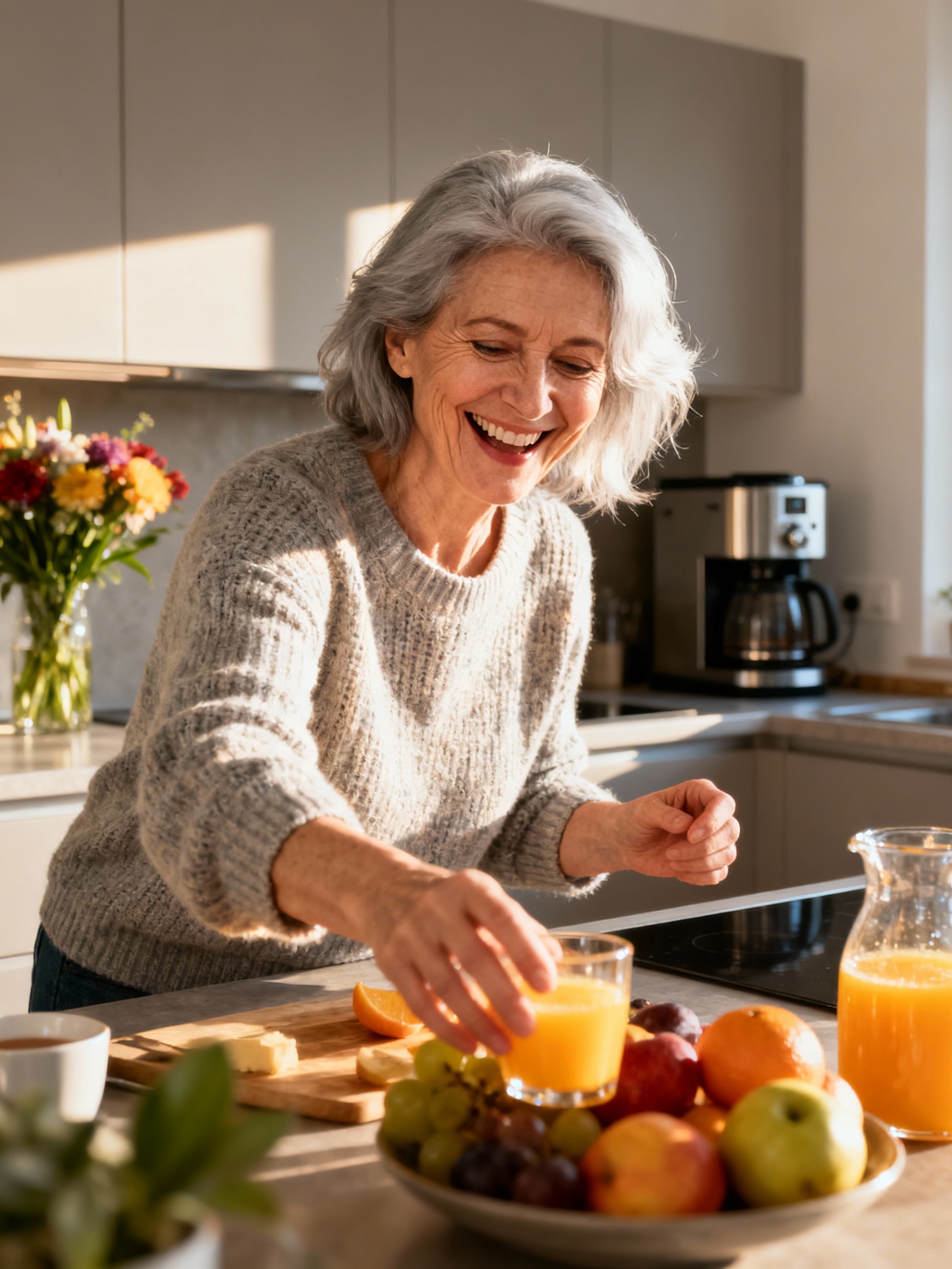 Smiling woman in kitchen with fruit and orange juice.