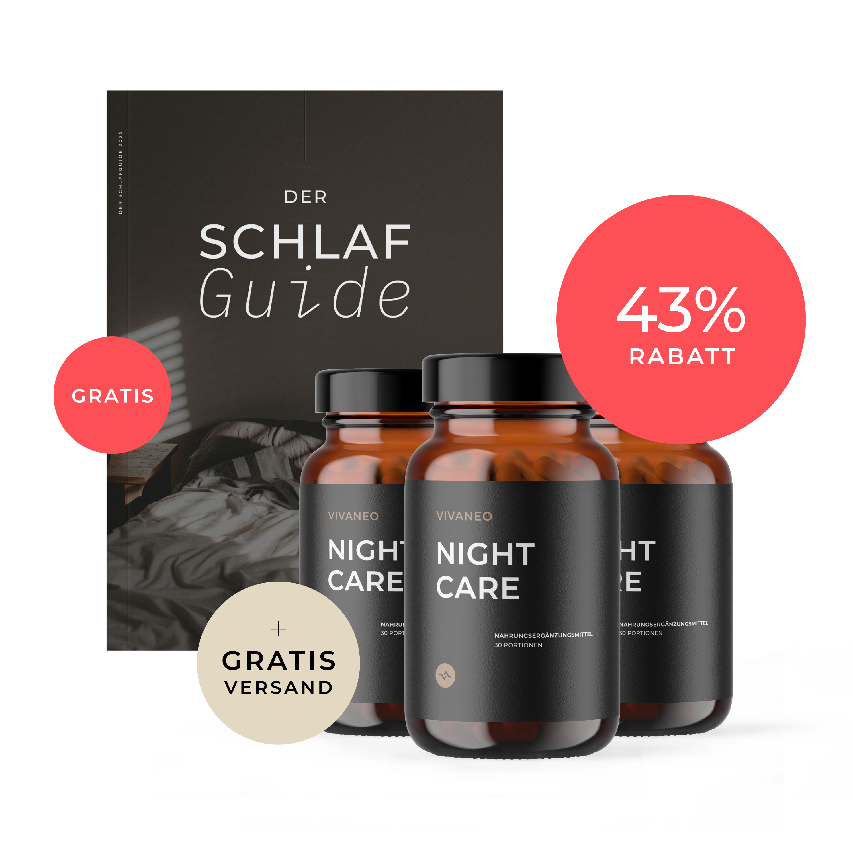 Three bottles of 'Night Care' with a sleep guide and discount labels.