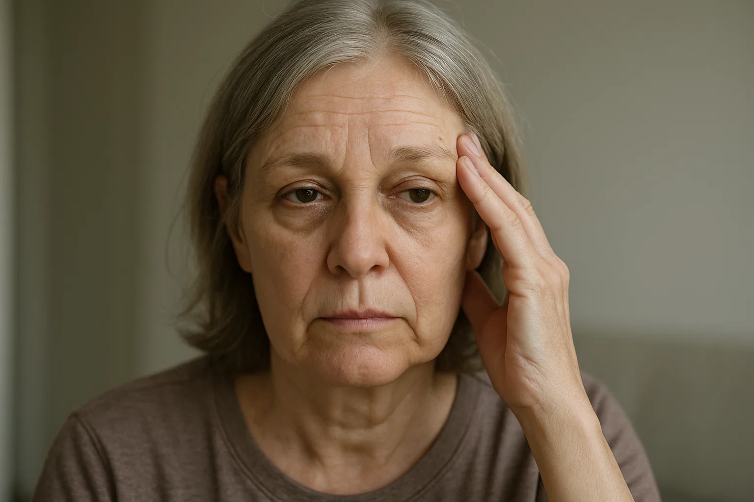 Elderly woman with gray hair, looking thoughtful, hand on forehead.