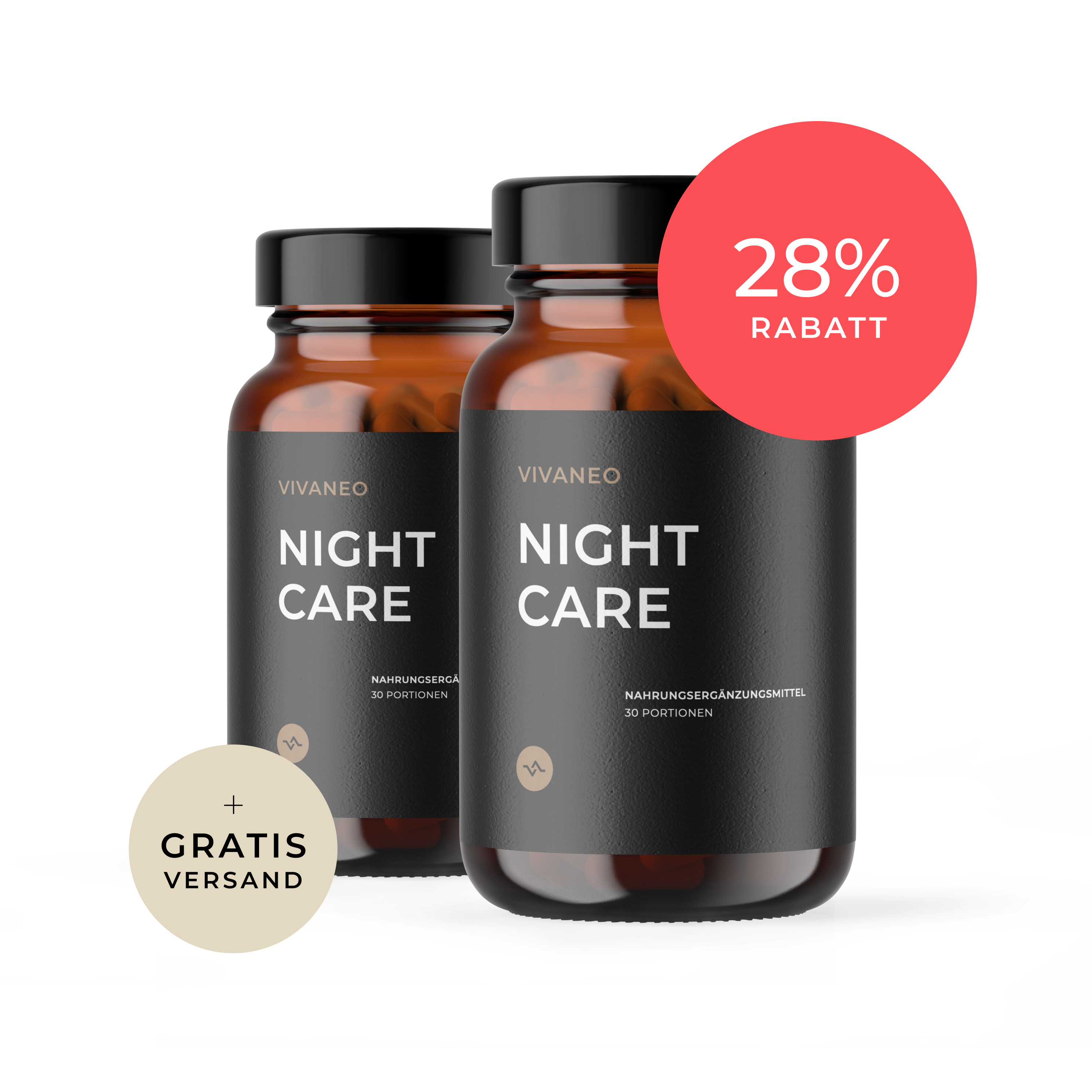 Two bottles labeled 'Night Care' with discount and free shipping badges.
