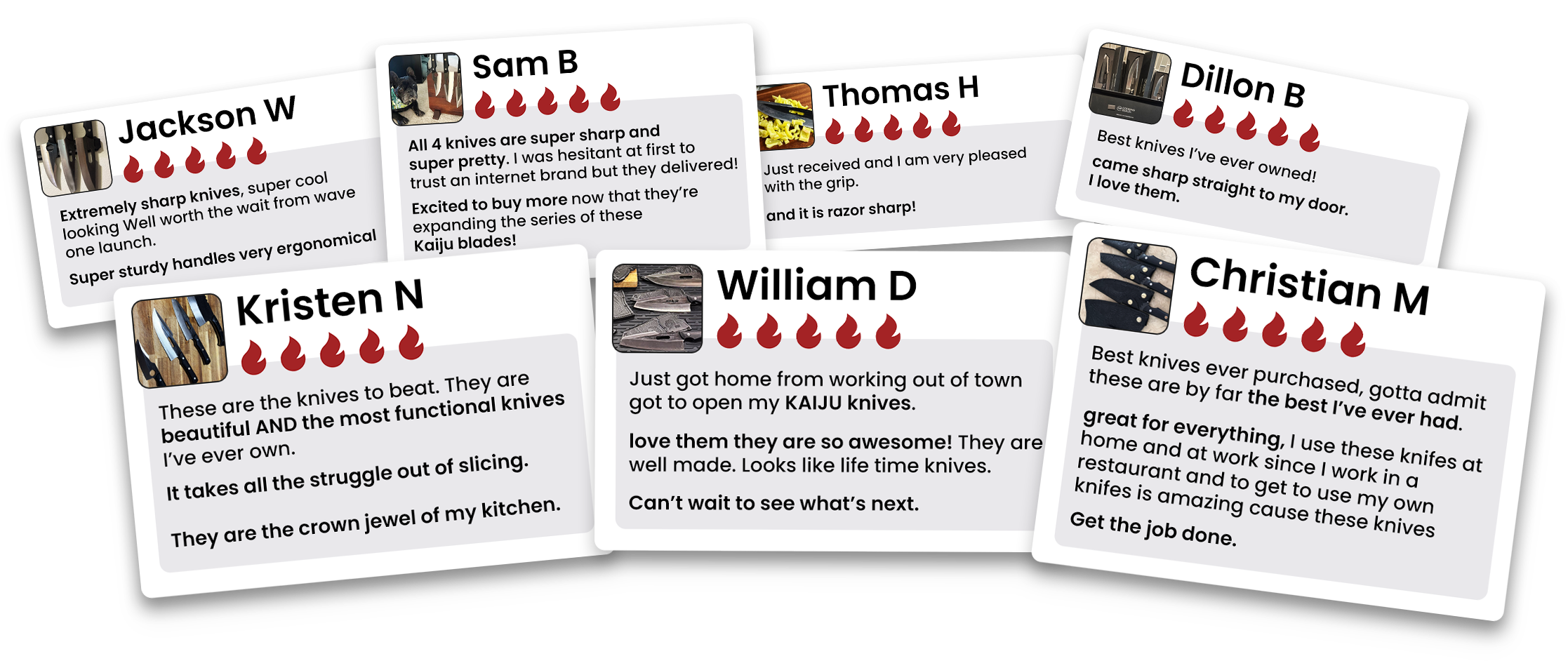 Collage of knife reviews with images and ratings from various users.
