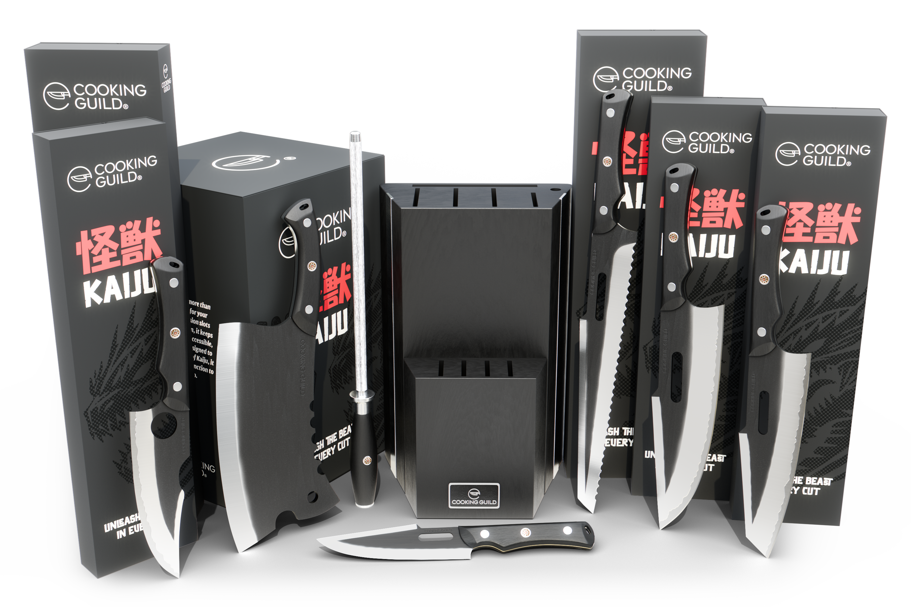 Set of black-handled knives in branded packaging with a knife block.