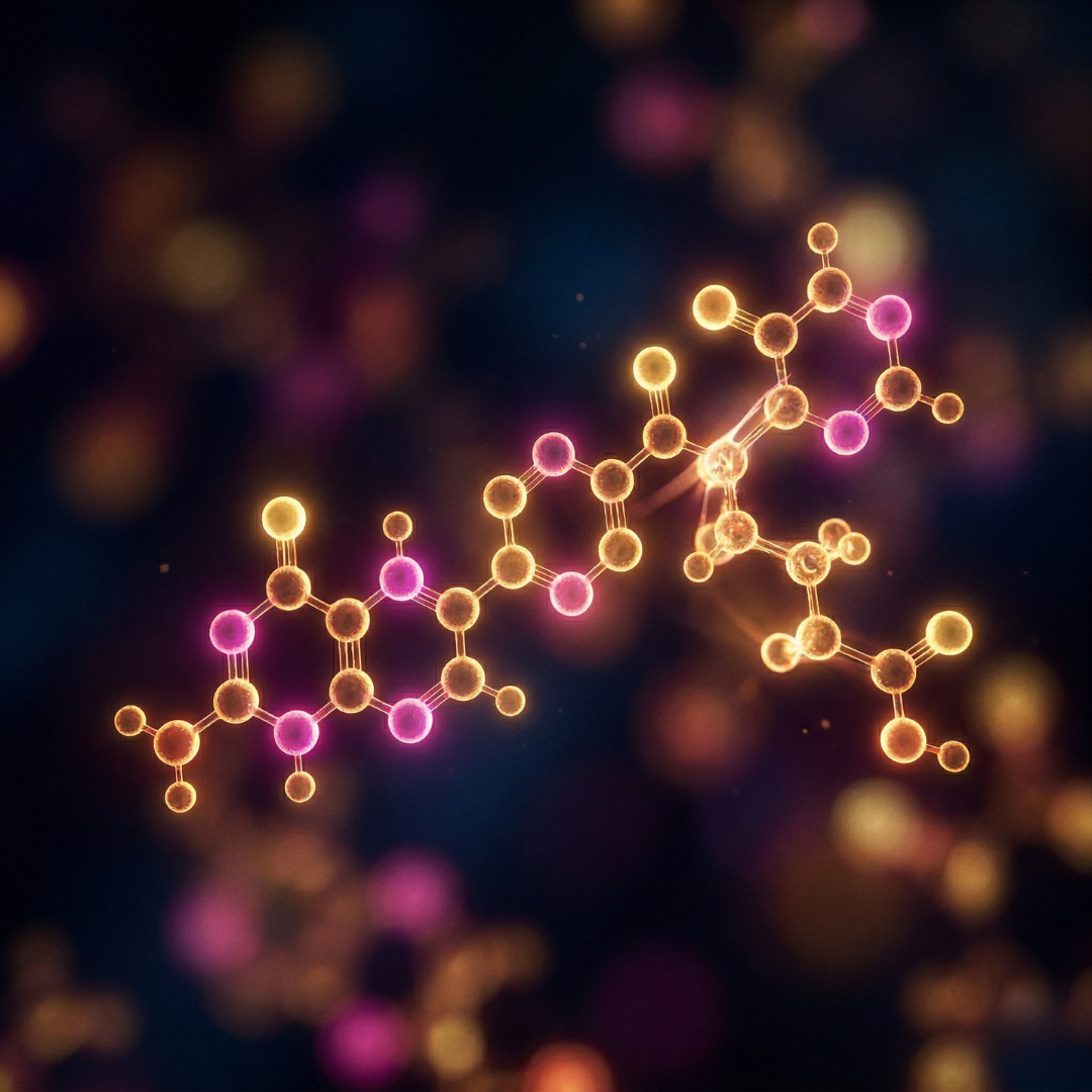 Glowing 3D molecular visualization of bioactive L-Methylfolate on a dark, blurred background.