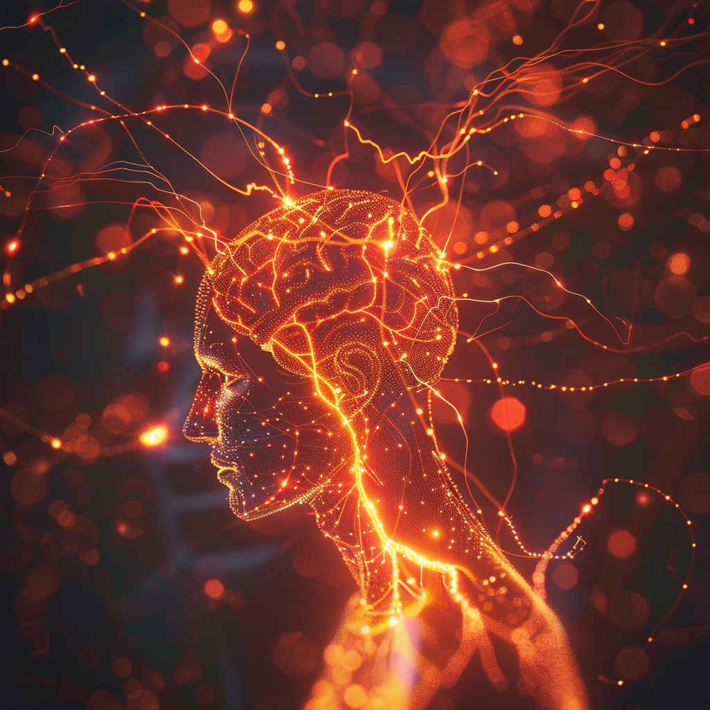 Stylized profile of a human head and neck featuring a network of glowing orange light pulses and sparking neural filaments on a dark, bokeh-filled background.