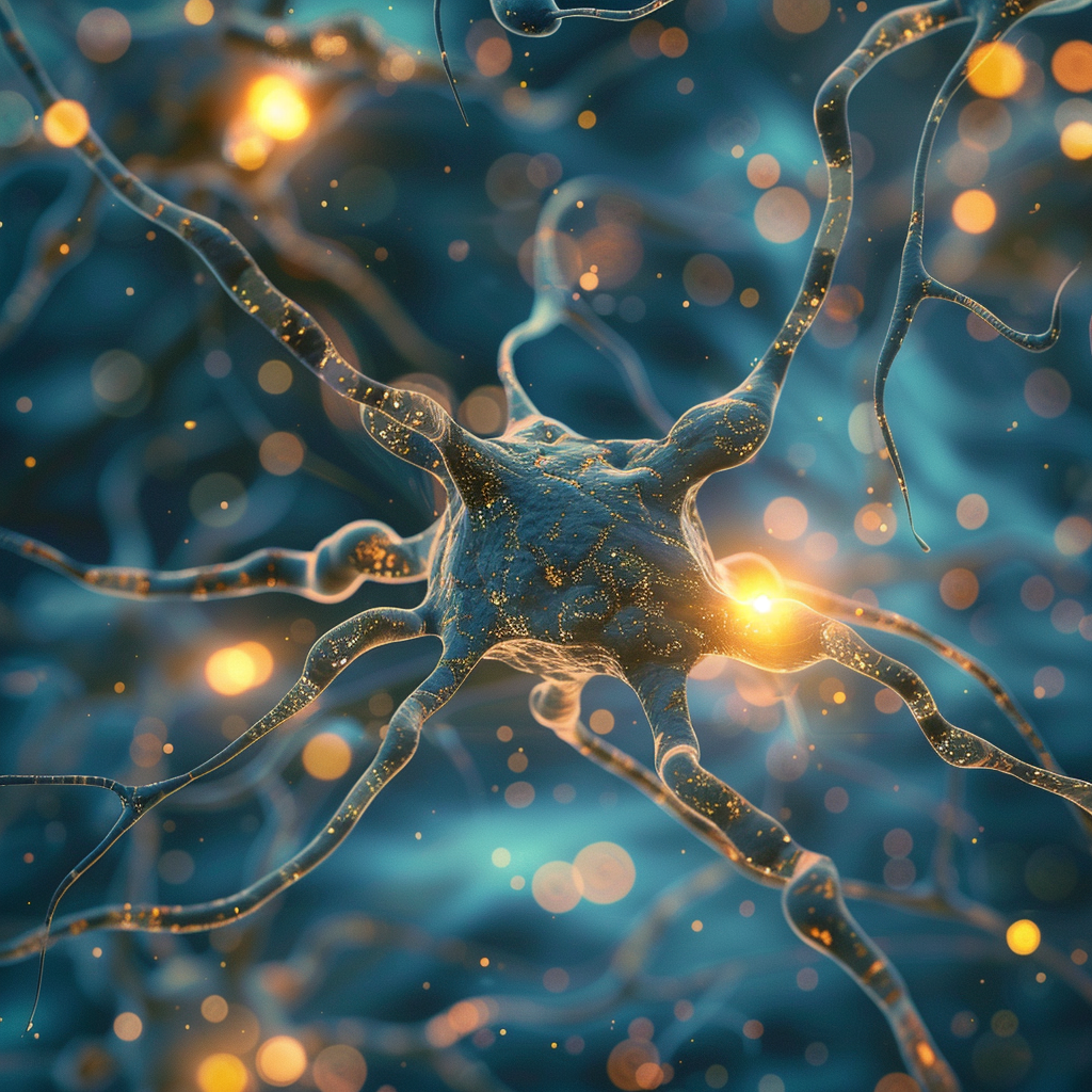 An abstract 3D visualization of a healthy human neuron fully activating with glowing golden light pulses, symbolizing the peak mental performance and cognitive clarity supported by Neupril.
