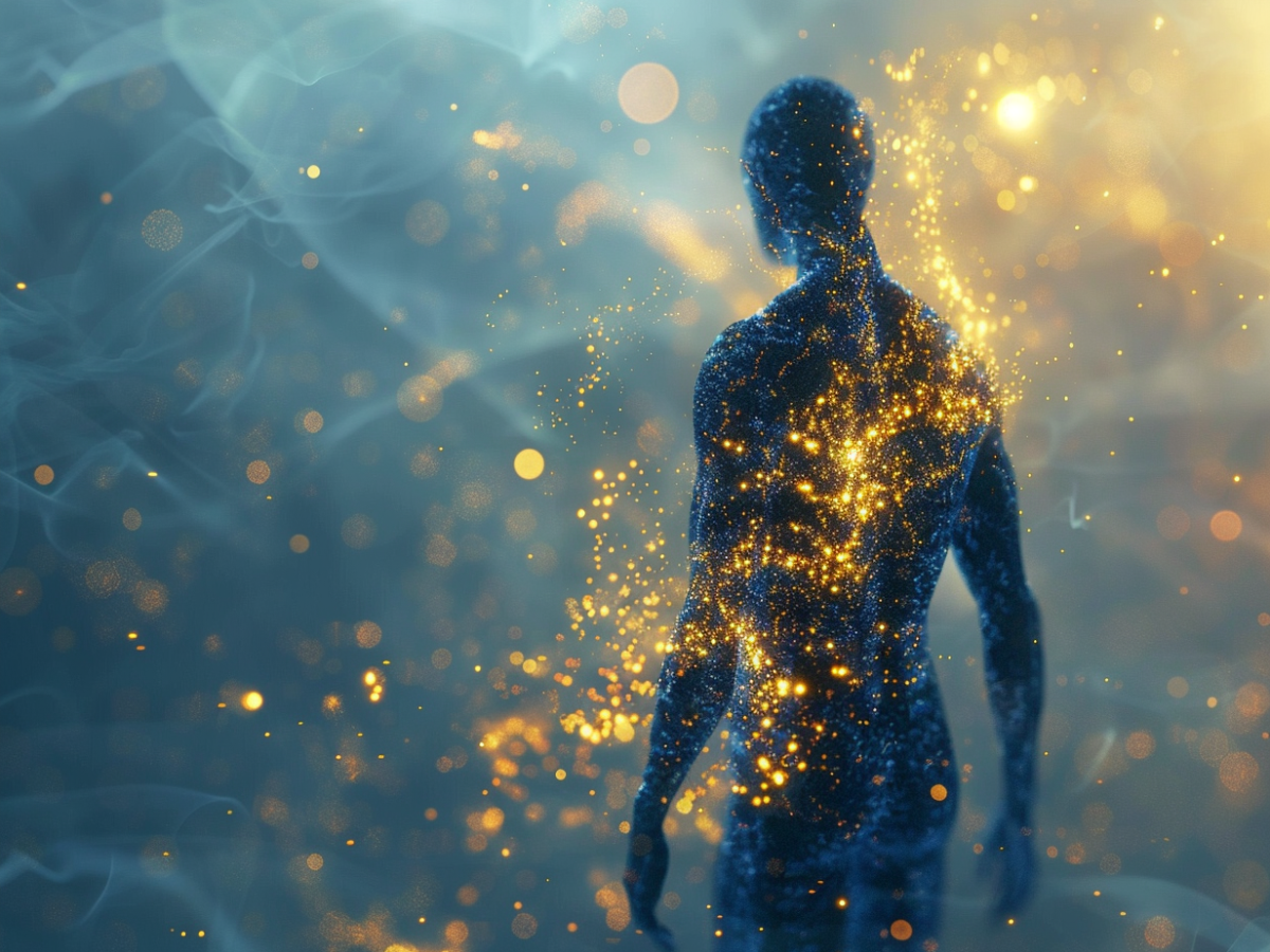 An abstract 3D human silhouette made of translucent blue material being filled with glowing golden energy particles and soft mist, representing total body wellness and the systemic benefits of Neupril.