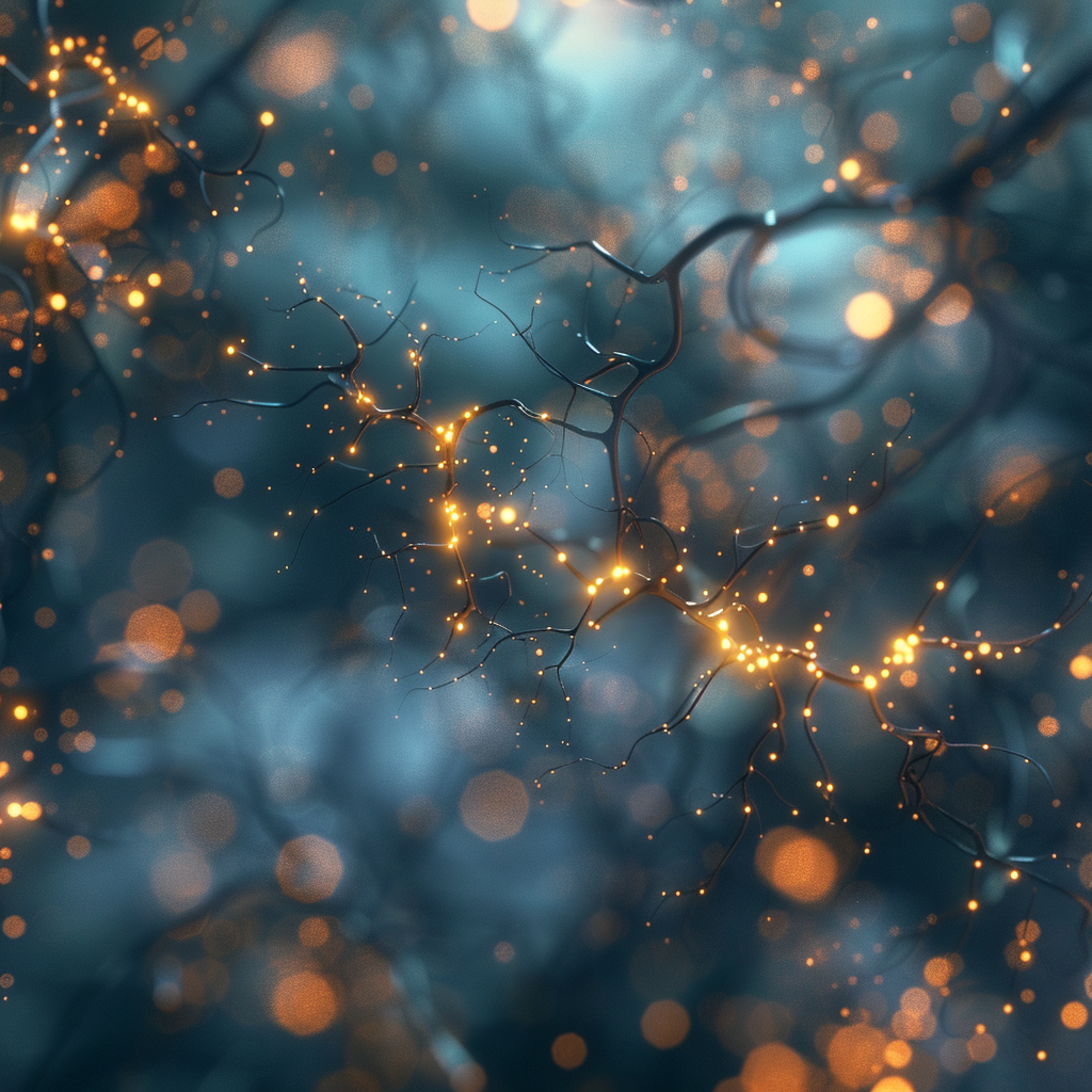 Shimmering golden particles illuminating a network of dark, branch-like structures on a deep blue bokeh background, illustrating neural pathways and brain health