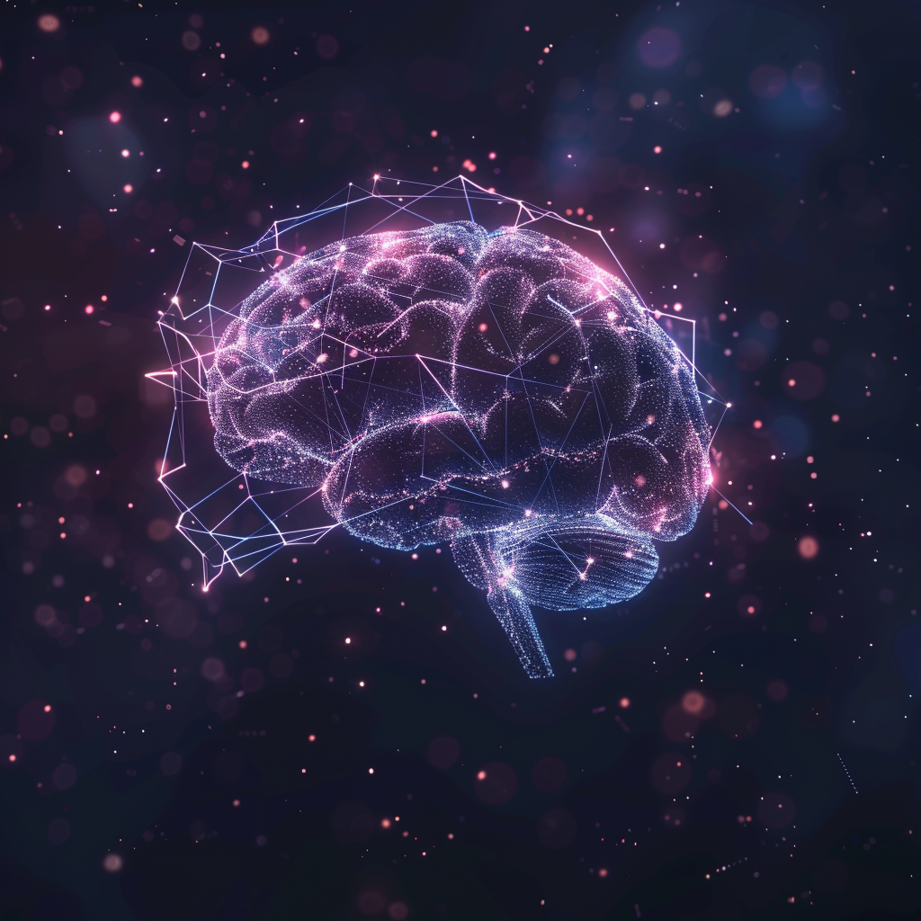 Stylized digital render of a glowing human brain on a dark background with pink and purple light bokeh, featuring a geometric grid to illustrate neural connectivity.