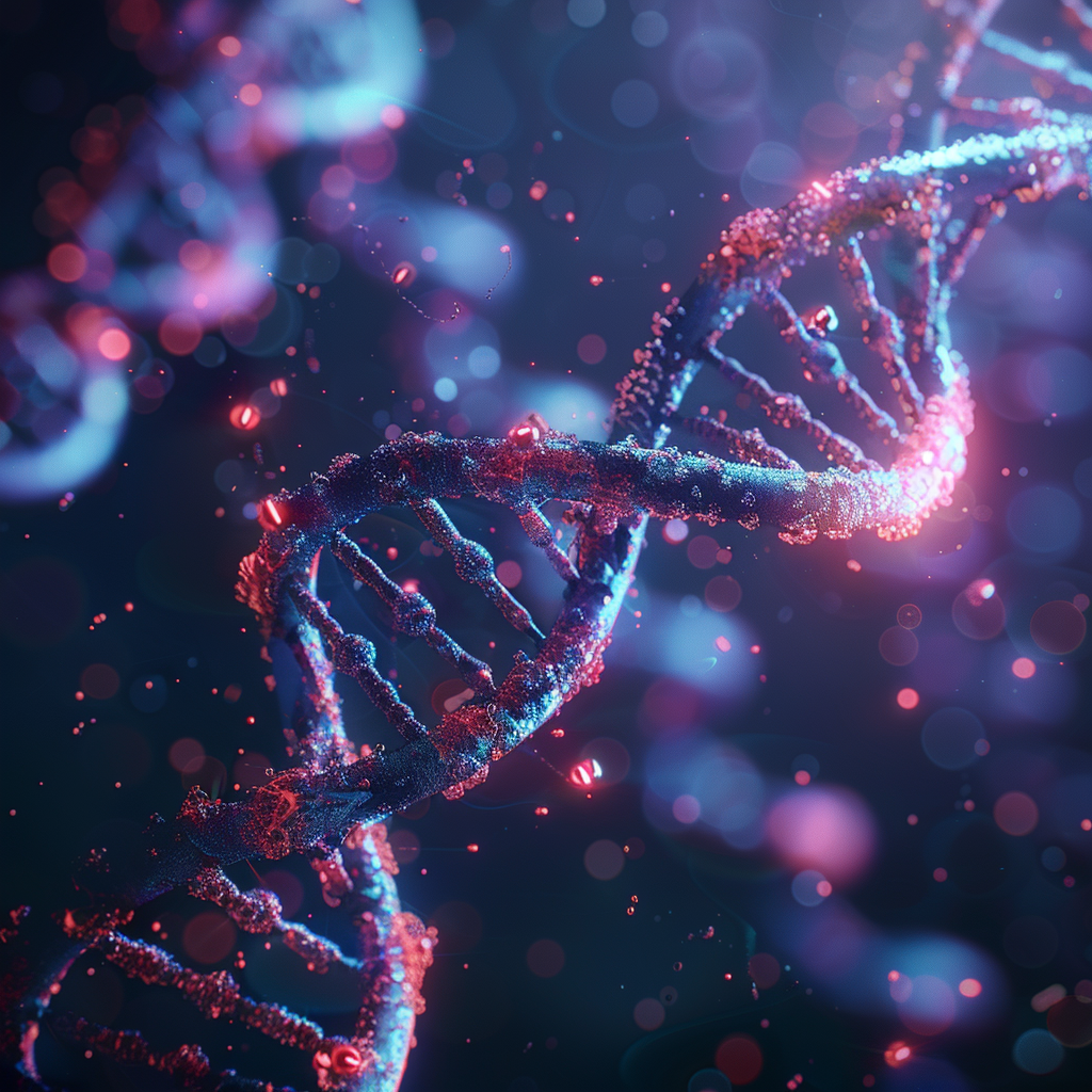 An abstract 3D render of a DNA helix with dimmed and disrupted sections among glowing particles, illustrating genetic mutations and the targeted support provided by Neupril methylfolate.