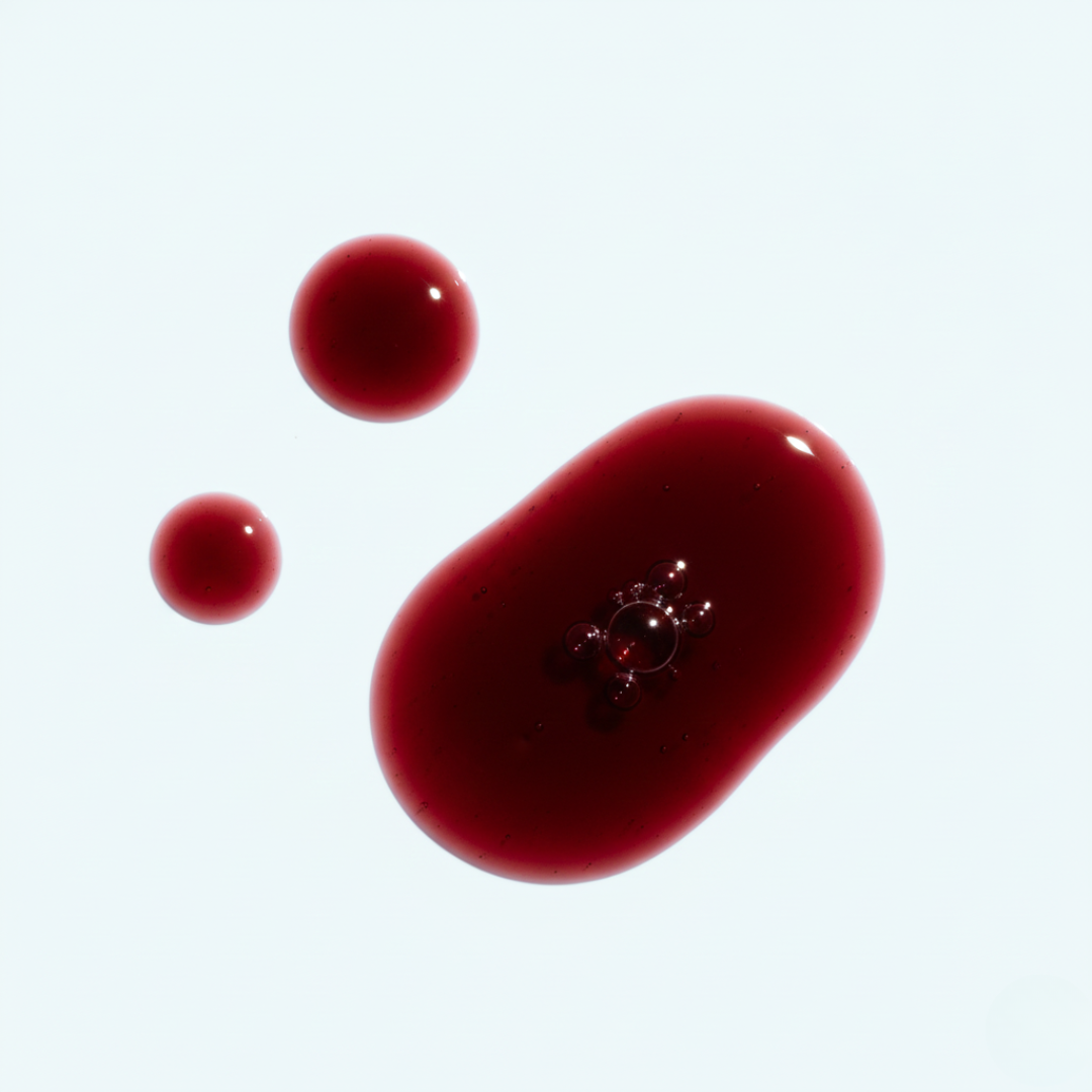 Red methylfolate droplets on a clean white background.