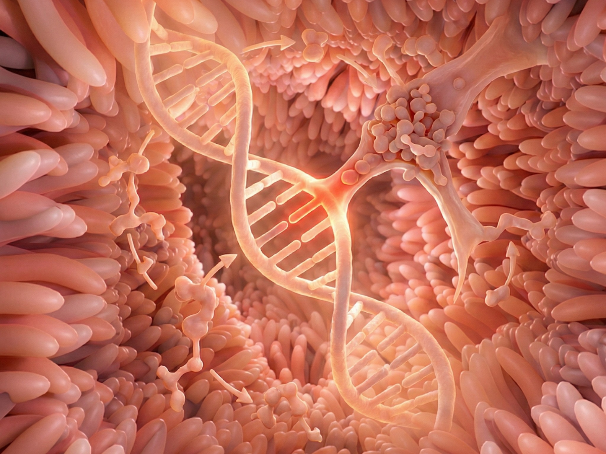 Microscopic view of MTHFR gene variant affecting folate conversion and brain health.