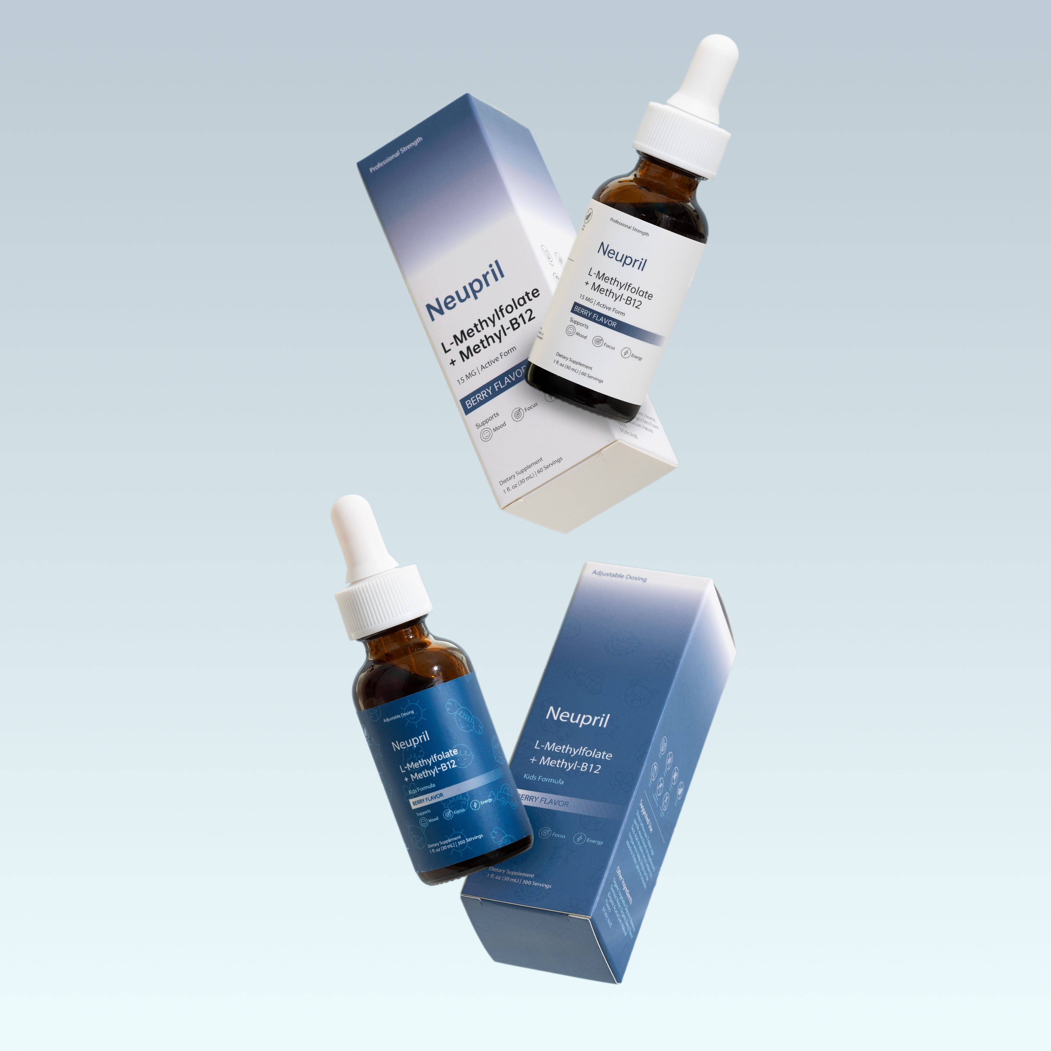 Two Neupril supplement bottles with droppers and boxes on a gradient background.
