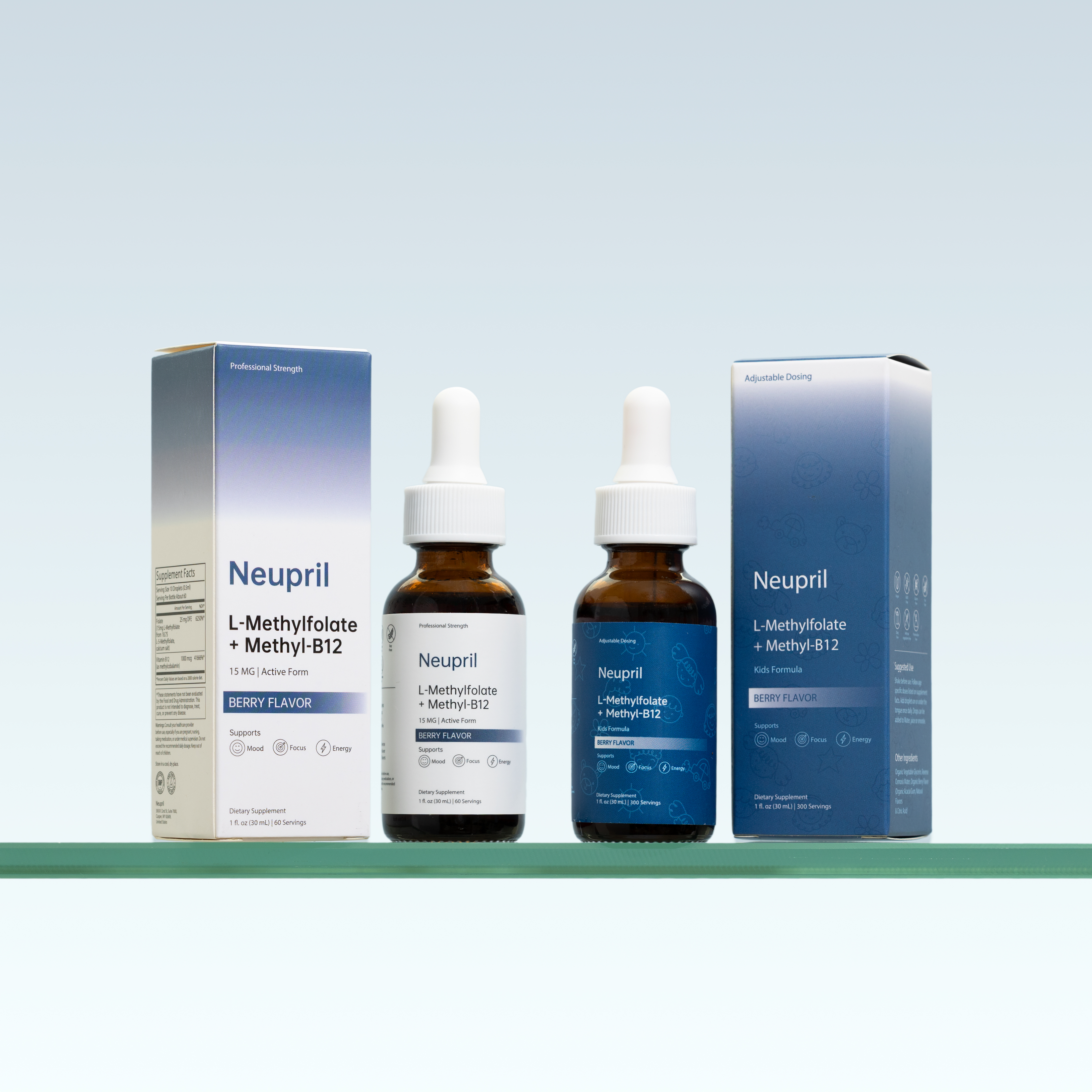 Two Neupril supplement bottles with boxes on a glass shelf.