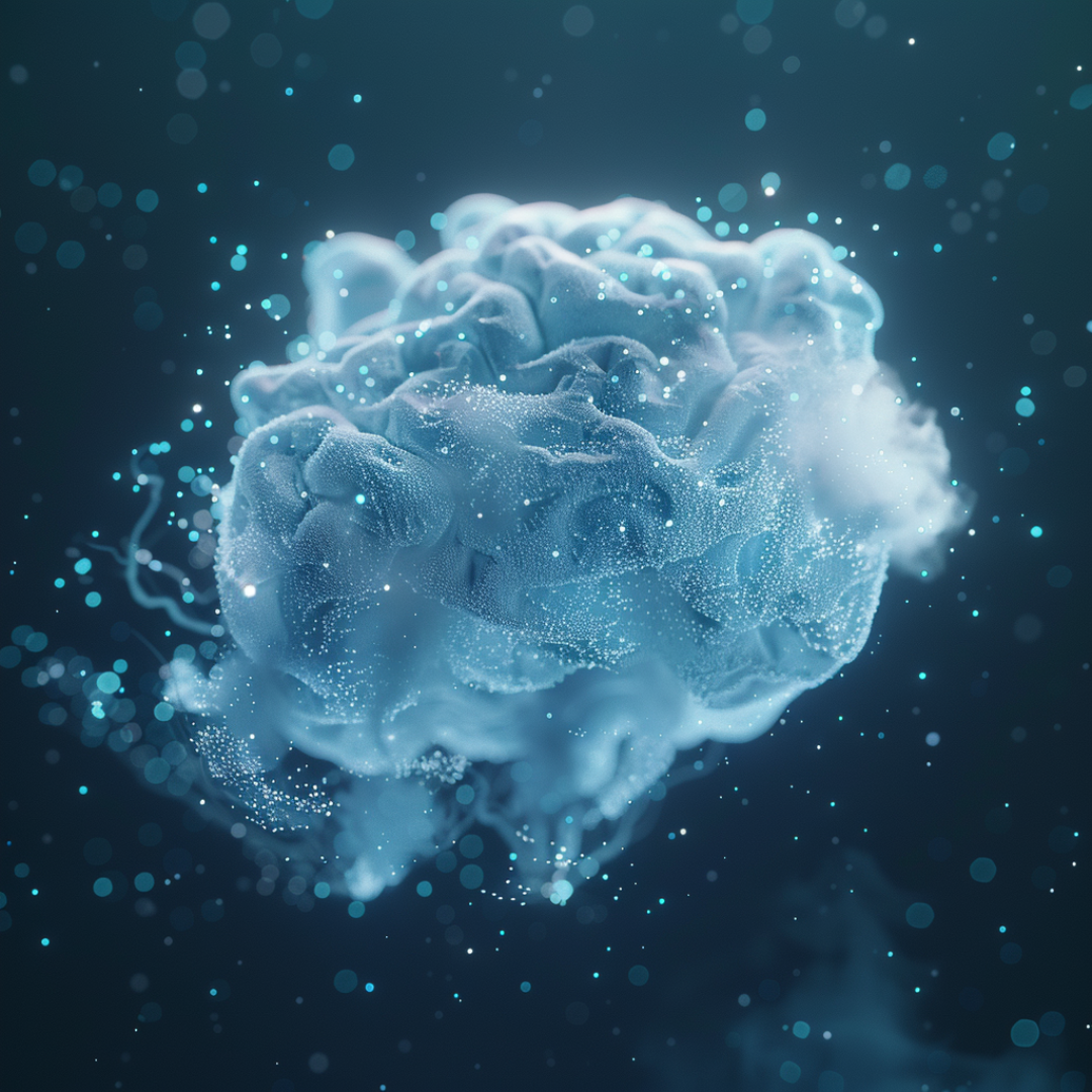 A 3D abstract visualization of a human brain made of soft, translucent blue material. One side of the brain is dissolving into a cloud of glowing light particles and shimmering dots, set against a dark teal background with a cinematic bokeh effect.