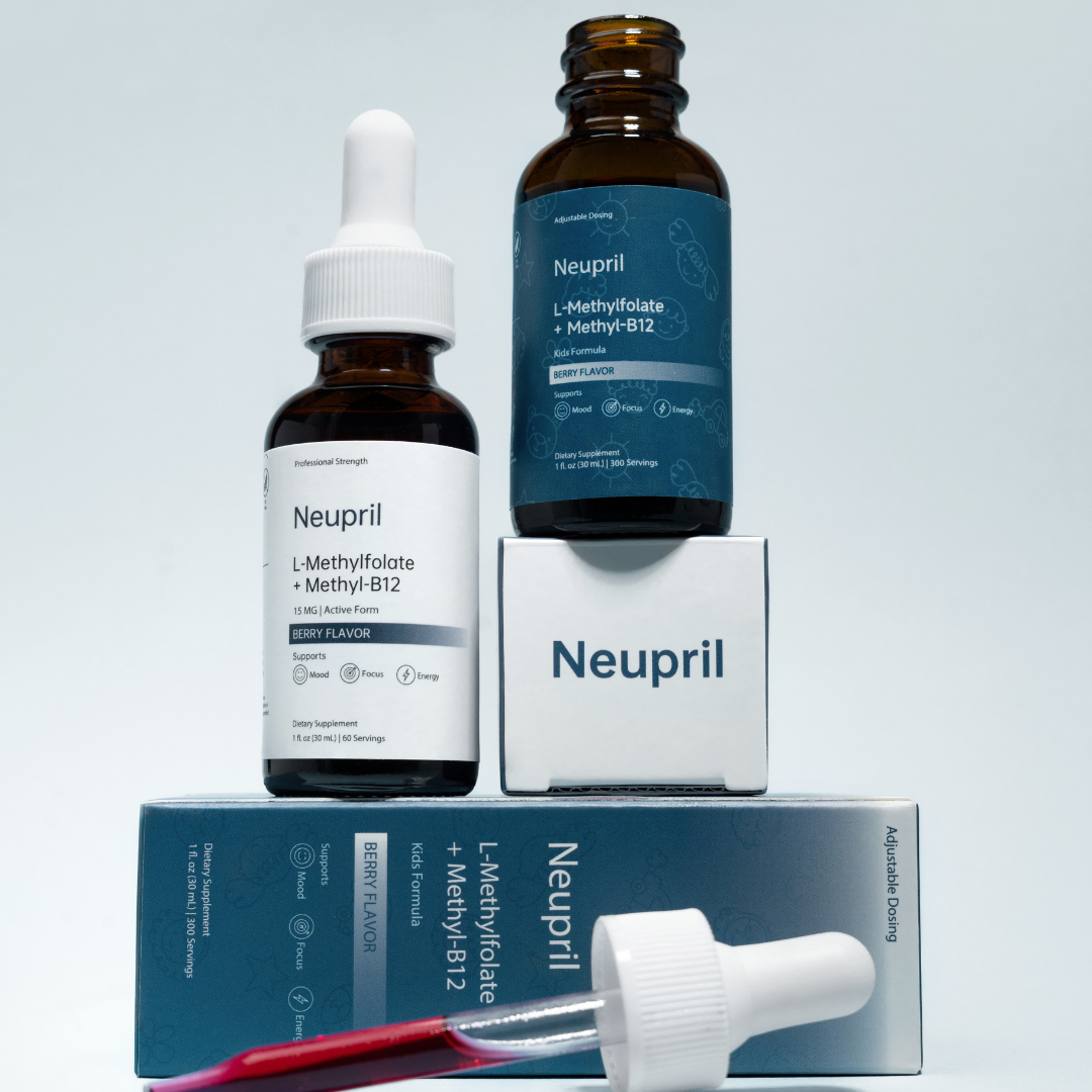 A vertical stack of Neupril products featuring the Professional Strength bottle and Kids Formula bottle on top of their respective white and blue boxes. In the foreground, a glass dropper filled with a vibrant red, berry-flavored liquid supplement lies horizontally against a clean, light grey background