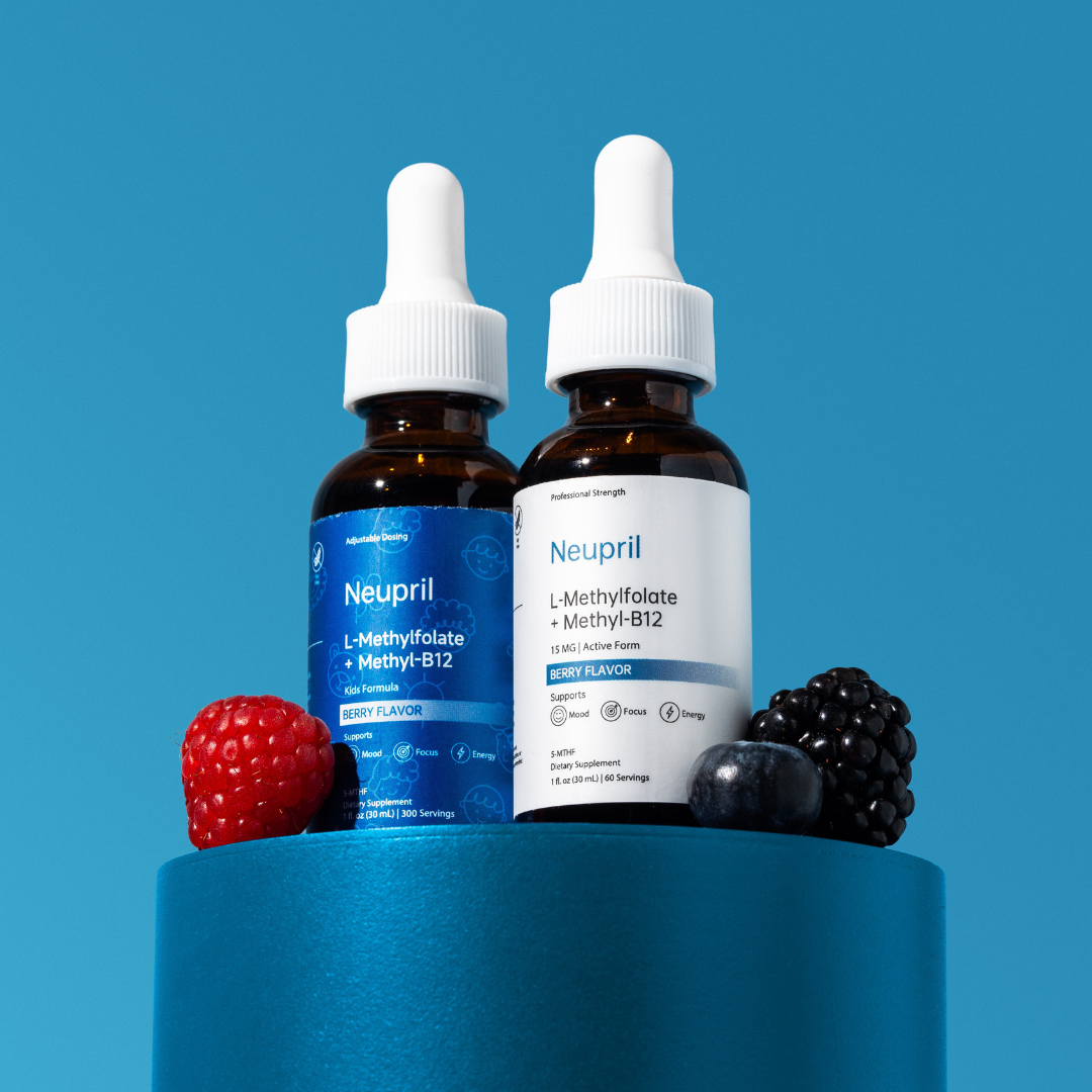 Neupril berry-flavored liquid supplements: Kids Formula and 15mg Professional Strength L-Methylfolate with B12