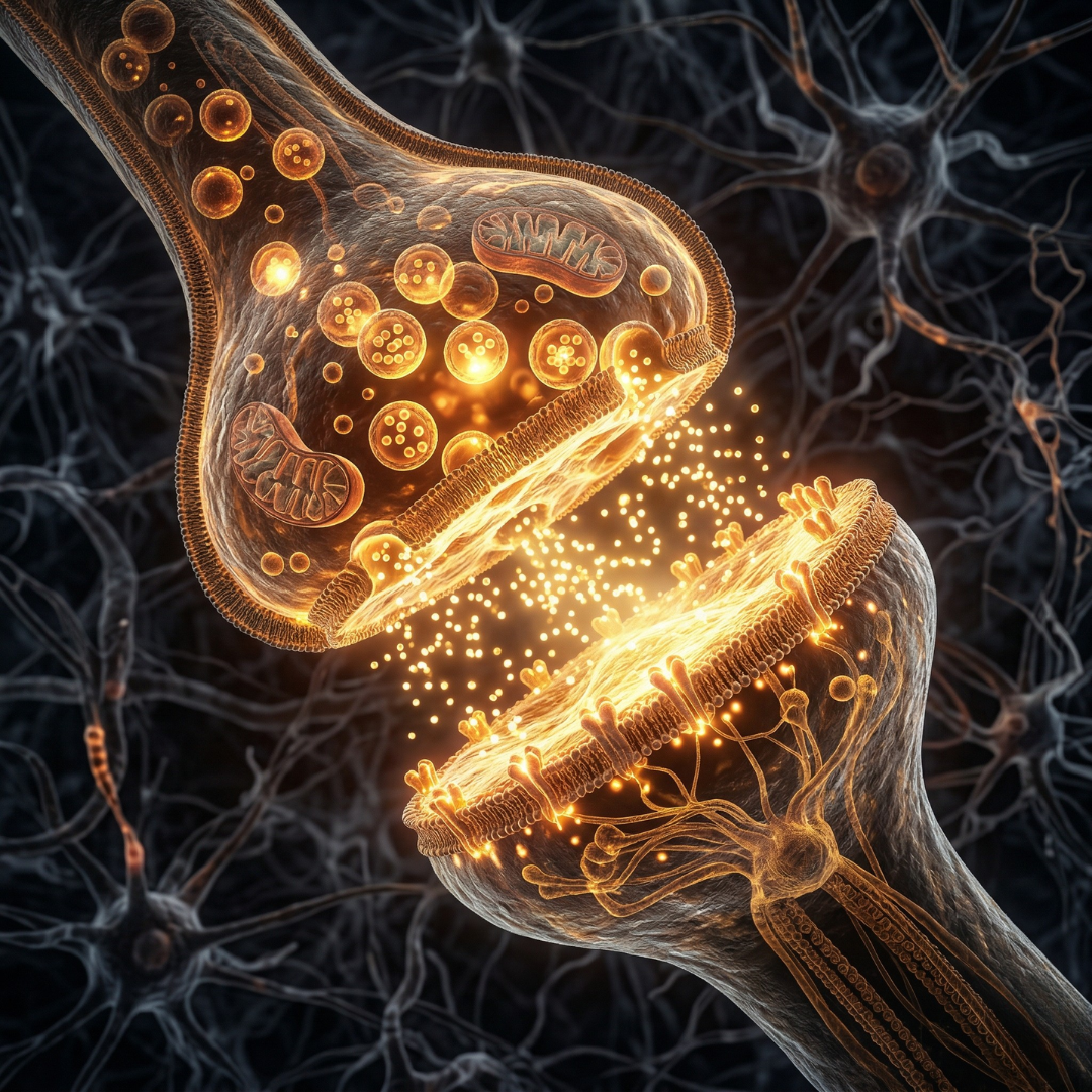 3D visualization of a neural synapse with glowing neurotransmitters, representing brain communication
