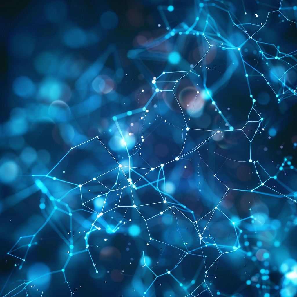 Stylized digital render of a complex data-like web with bright blue filaments and shimmering light particles on a dark bokeh background, illustrating brain neural pathways.