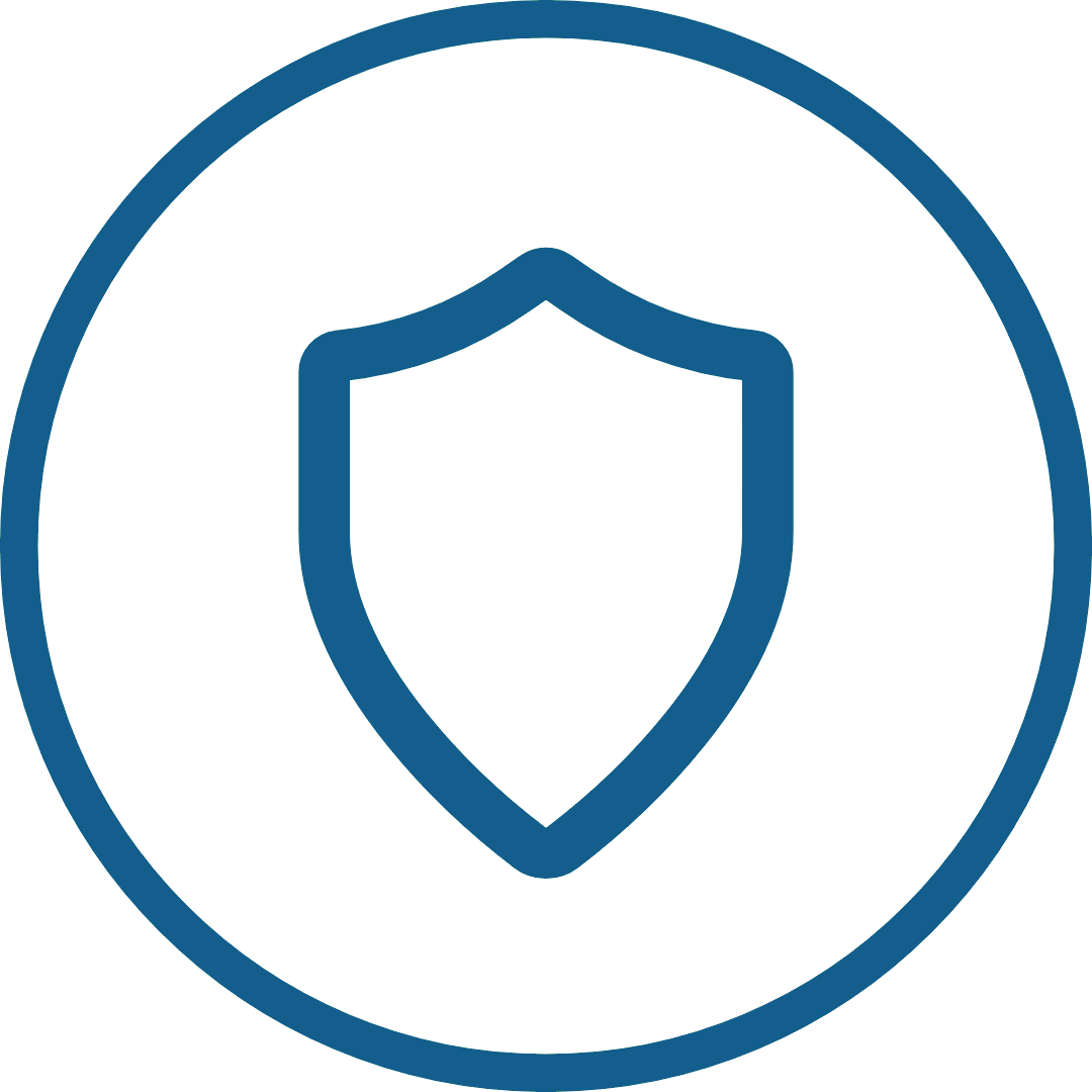 A blue icon of a shield inside a circle on a white background.