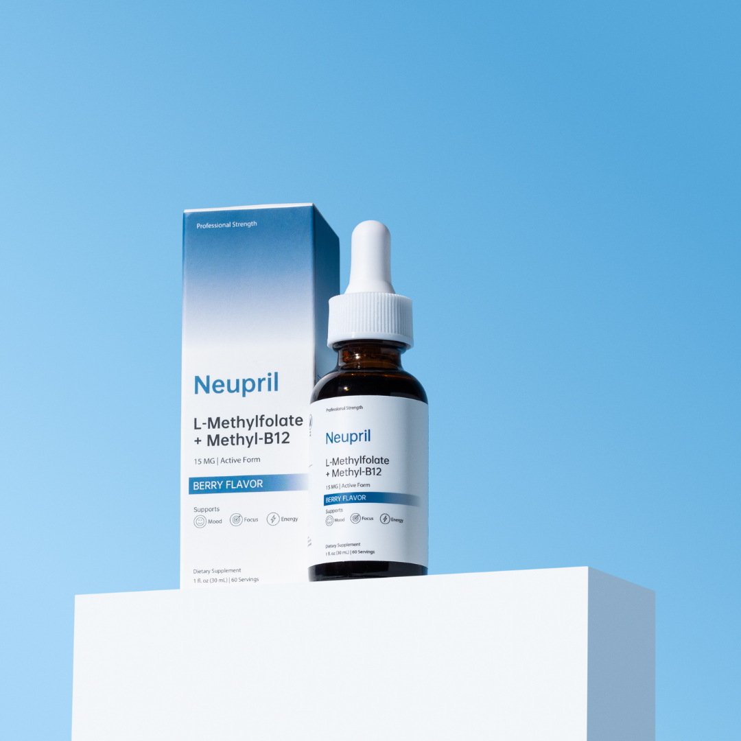 A bottle and box of Neupril L-Methylfolate + Methyl-B12 liquid dietary supplement, berry flavor, displayed on a white pedestal against a solid light blue background.