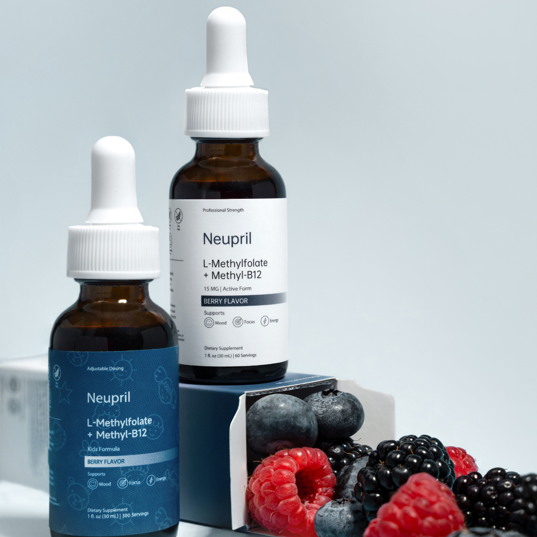 Neupril L-Methylfolate + Methyl-B12 adult and kids liquid drops beside fresh berries on a clean studio background.