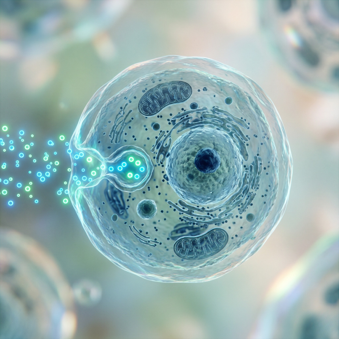 3D medical illustration showing glowing nutrients being absorbed by a human cell.