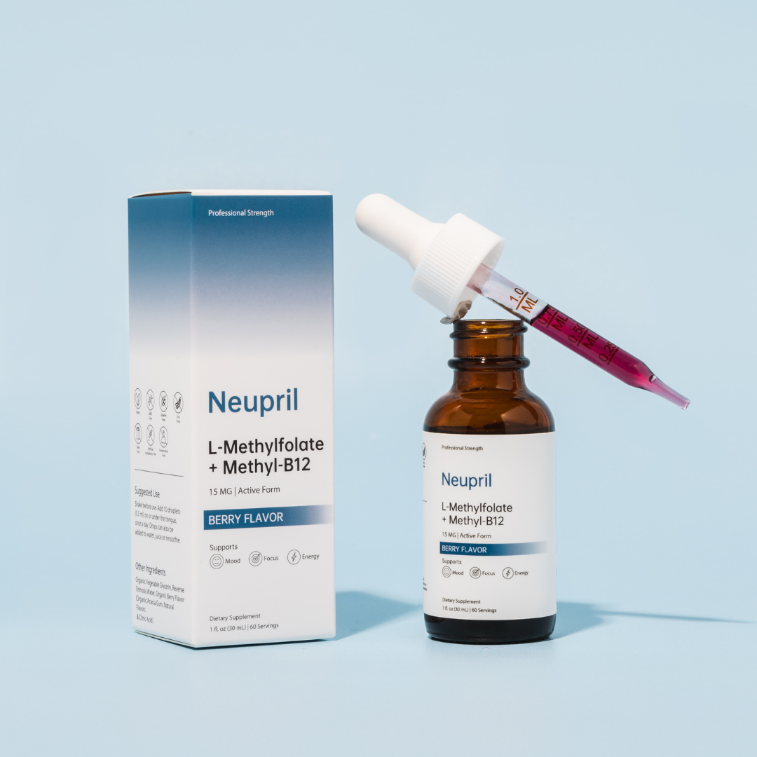 An open bottle and product box of Neupril L-Methylfolate + Methyl-B12 liquid supplement on a light blue background, featuring a glass dropper filled with pink liquid resting across the bottle opening.