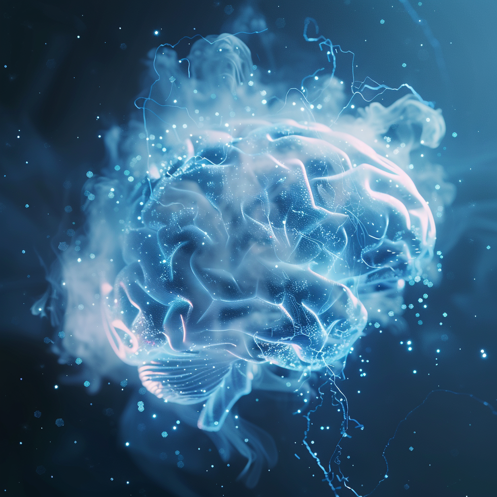 Stylized digital render of a glowing human brain made of soft blue material with delicate neural filaments and floating light specks, illustrating cognitive wellness.