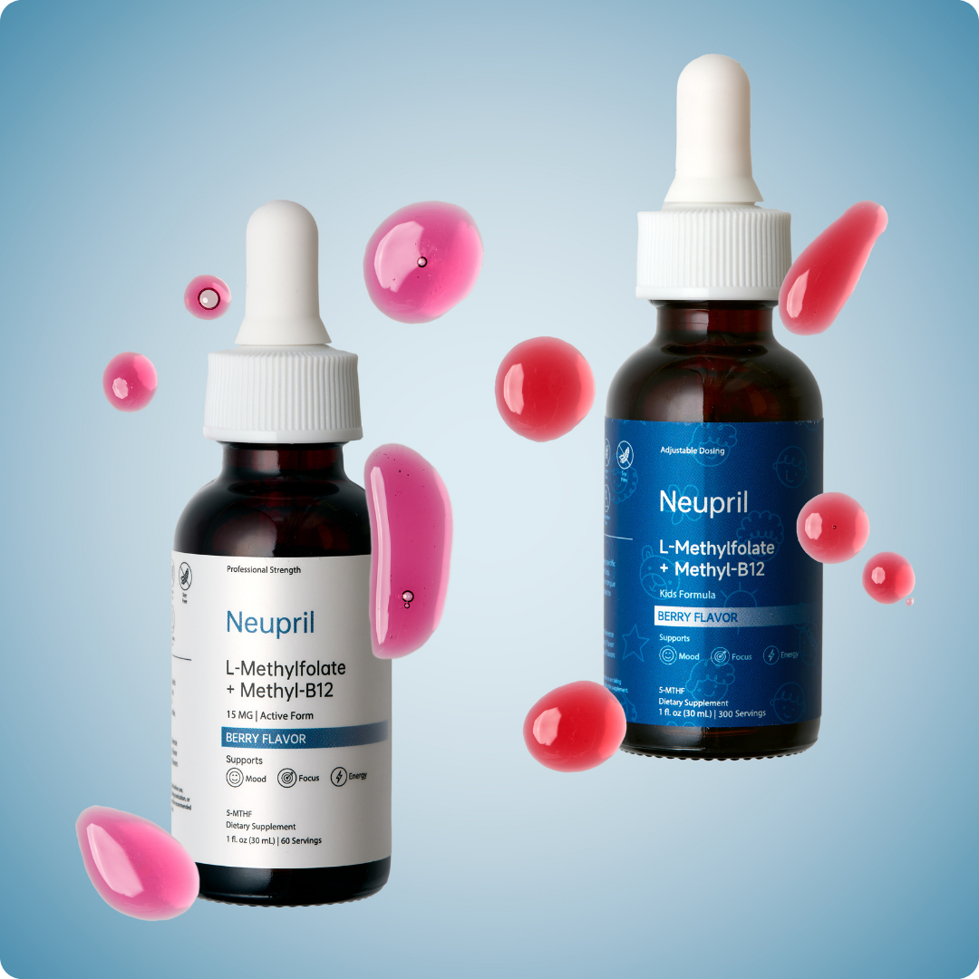 Neupril Professional Strength and Kids Formula bottles surrounded by floating pink berry-flavored liquid droplets
