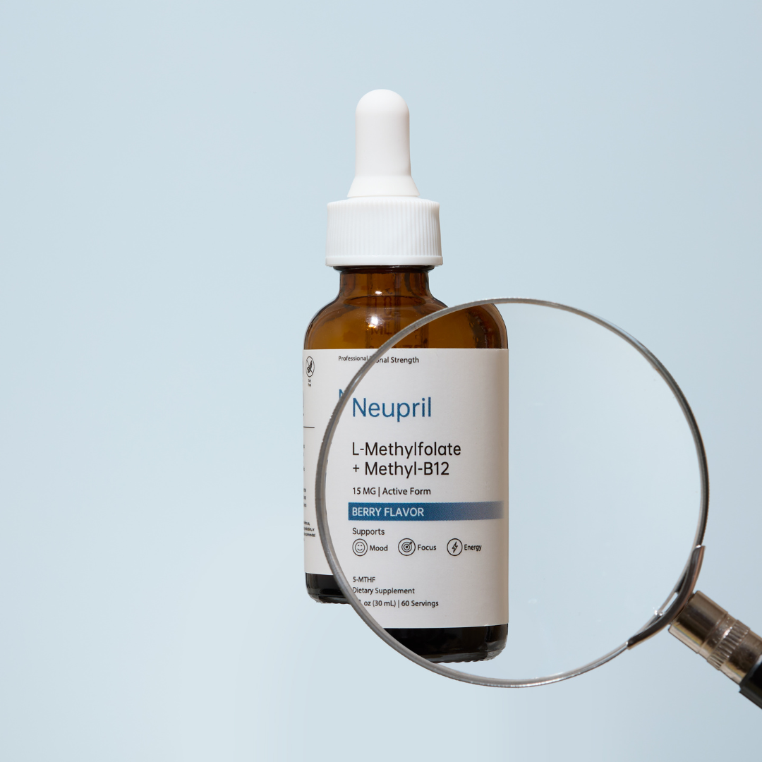 Quality-tested L-Methylfolate and B12 supplement by Neupril with magnifying glass for label transparency.