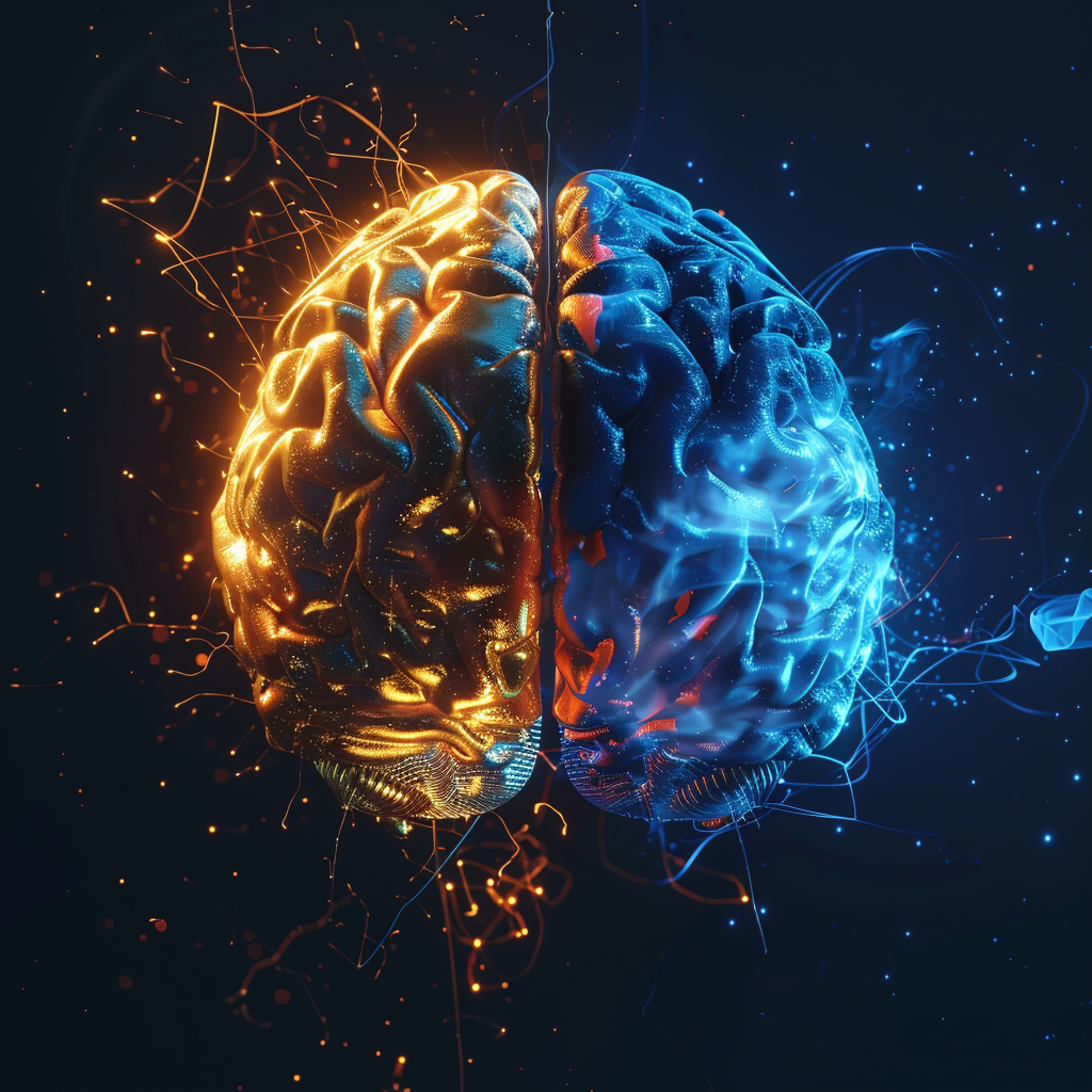 Dual-tone brain visualization featuring high-contrast gold and blue lighting with sparking neural filaments, illustrating the difference between overstimulation and cognitive calm.