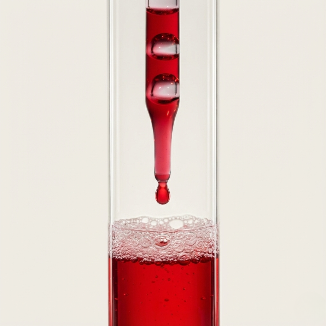 Red methylfolate formula inside a clear lab tube with visible bubbles