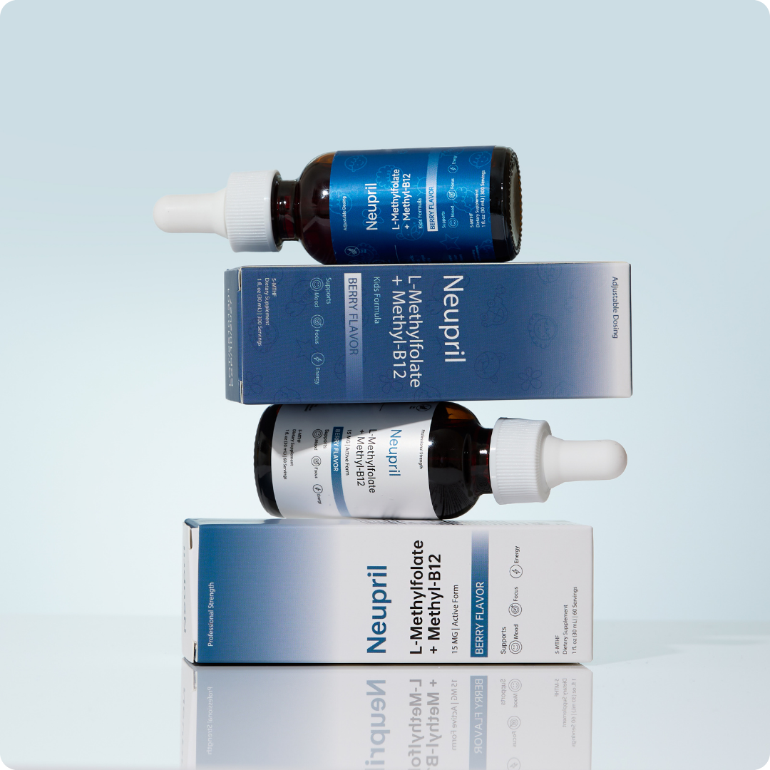 A balanced stack of Neupril L-Methylfolate + B12 supplements, featuring Kids Formula and Professional Strength bottles and boxes.