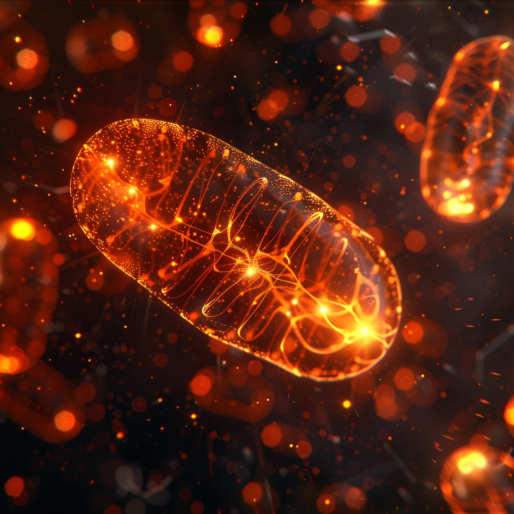 Stylized digital render of a microscopic mitochondria with glowing internal structures and sparkling energy particles on a dark, high-contrast bokeh background.