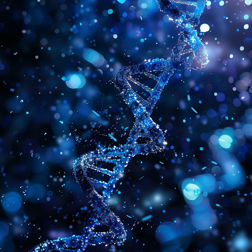 Digital illustration of a glowing double helix structure suspended in a dark blue liquid environment with bokeh light effects and microscopic particles.