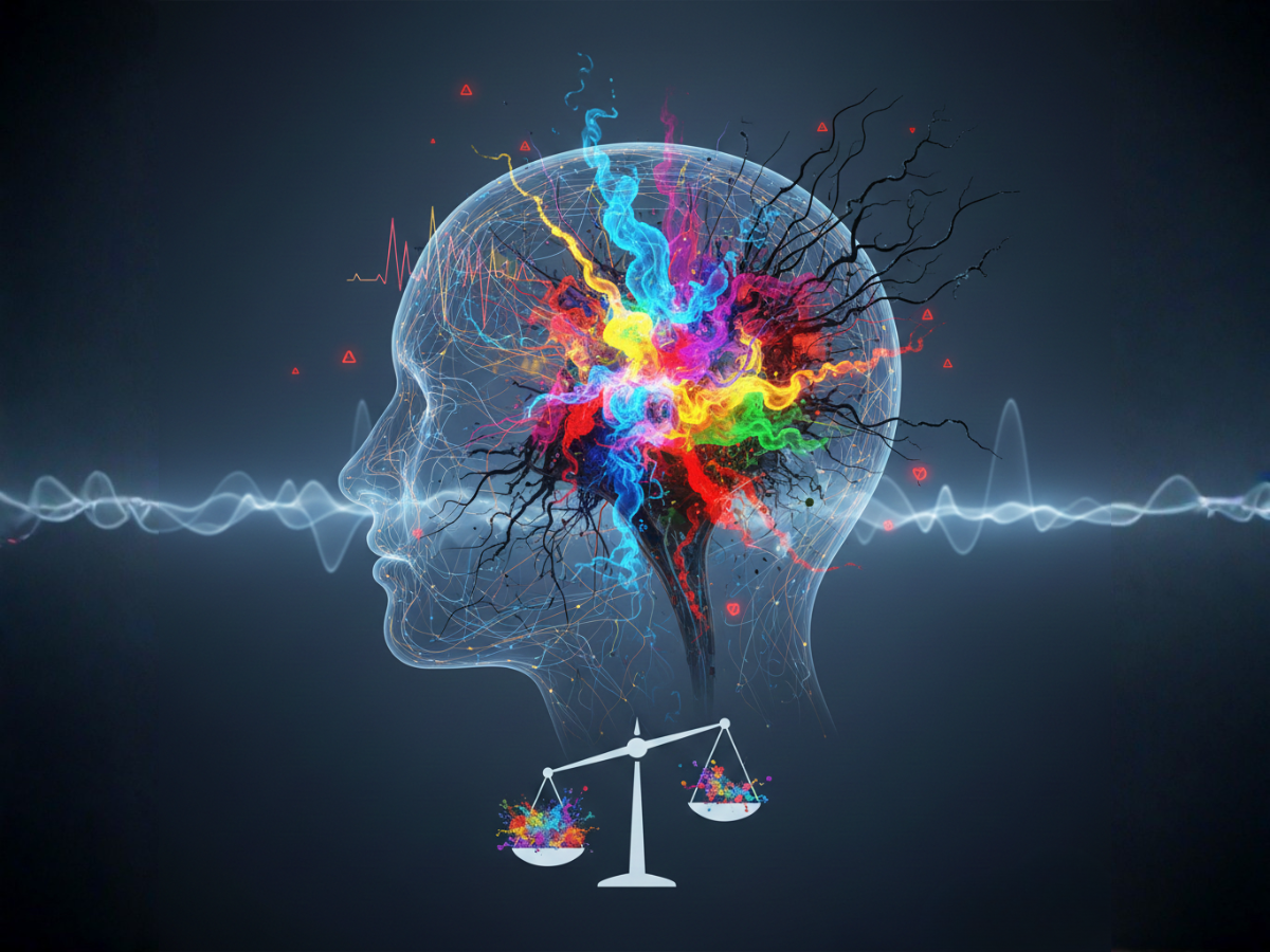 Illustration of a neurochemical imbalance in an ADHD brain showing dopamine and norepinephrine pathways.