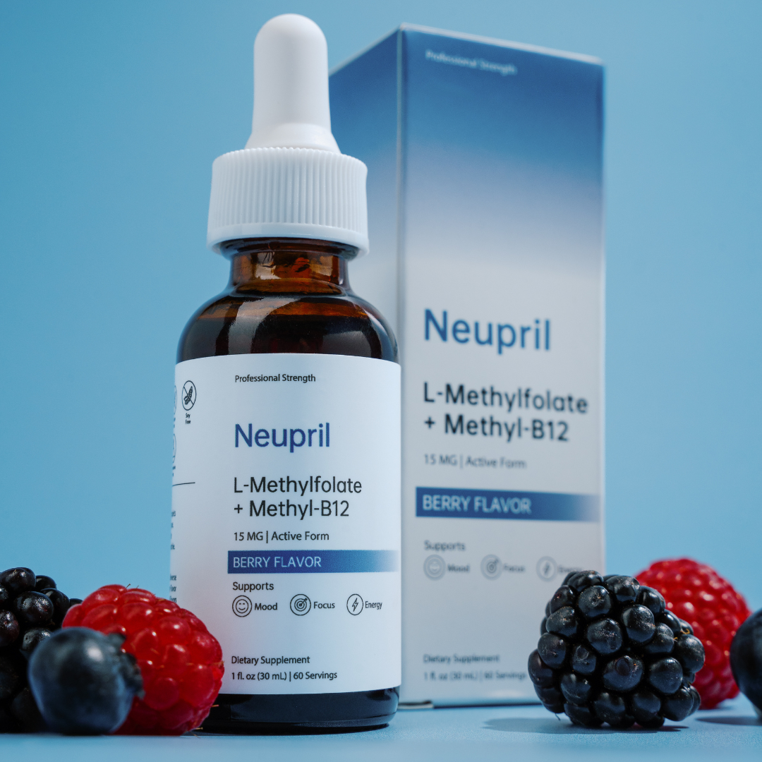A bottle and box of Neupril Professional Strength L-Methylfolate + Methyl-B12 liquid supplement, berry flavor, styled on a blue surface with fresh raspberries, blackberries, and blueberries.