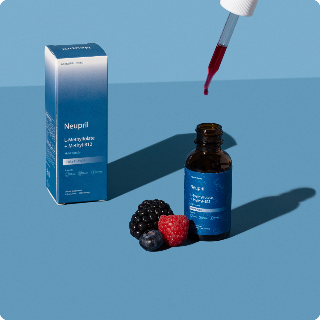 Bottle and box of Neupril supplement with berries on blue background.