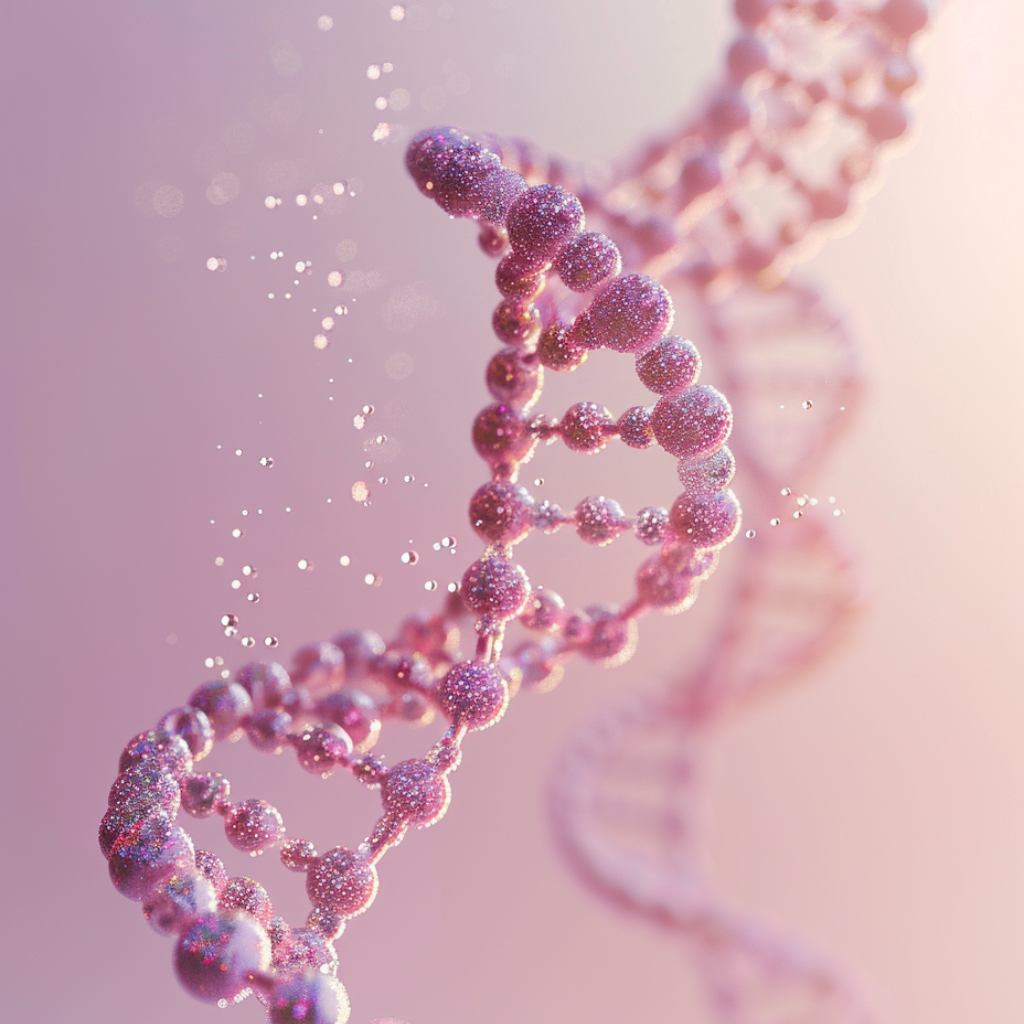 Stylized double helix DNA strand in soft pink and purple tones with glowing bubbles, illustrating molecular health and cellular wellness.