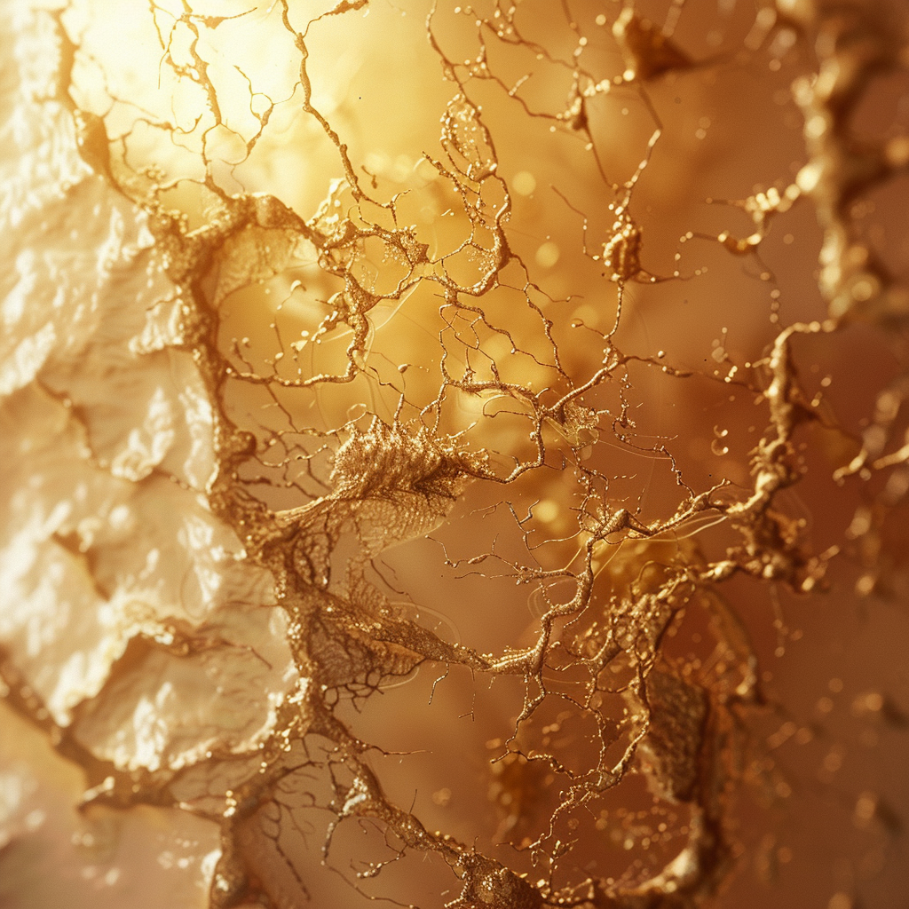 Intricate golden microscopic network of textured filaments and cellular structures on a warm, glowing background, representing biological vitality and tissue health.